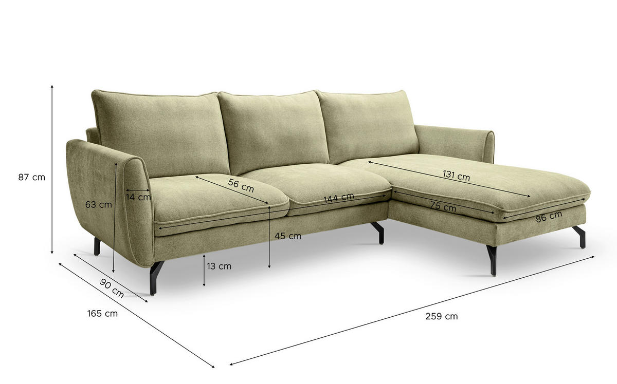 ECKSOFA TORONTO Grün Webstoff  - Schwarz/Grün, Basics, Textil/Metall (259/165cm) - MID.YOU