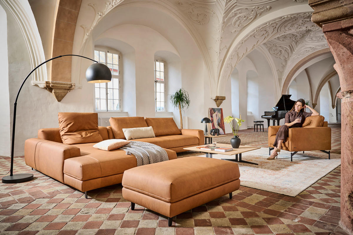 ECKSOFA in Echtleder Hellbraun  - Hellbraun/Anthrazit, Design, Leder/Metall (225/355cm) - Johann Jakob