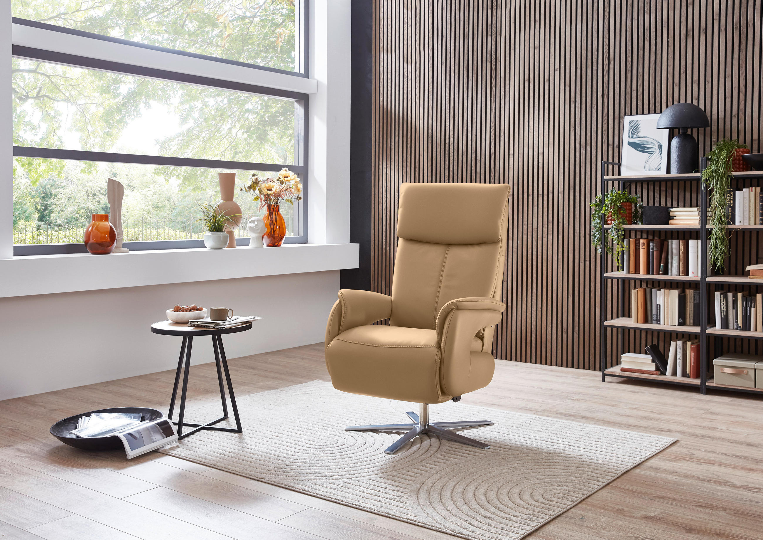 RELAXSESSEL in Leder Honig  - Edelstahlfarben/Honig, Design, Leder/Metall (70/124/85cm) - Cantus