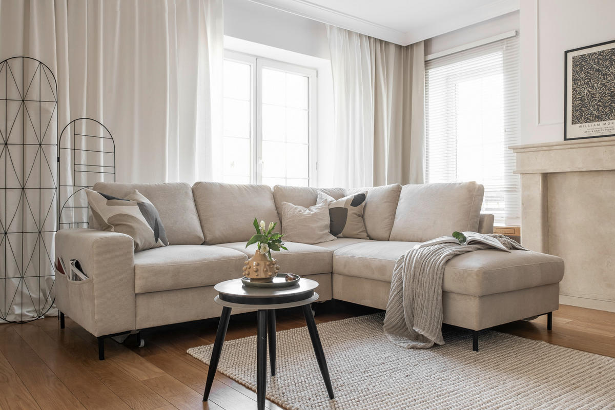 ECKSOFA in Cord Beige  - Beige/Schwarz, Design, Textil/Metall (237/197cm) - MID.YOU