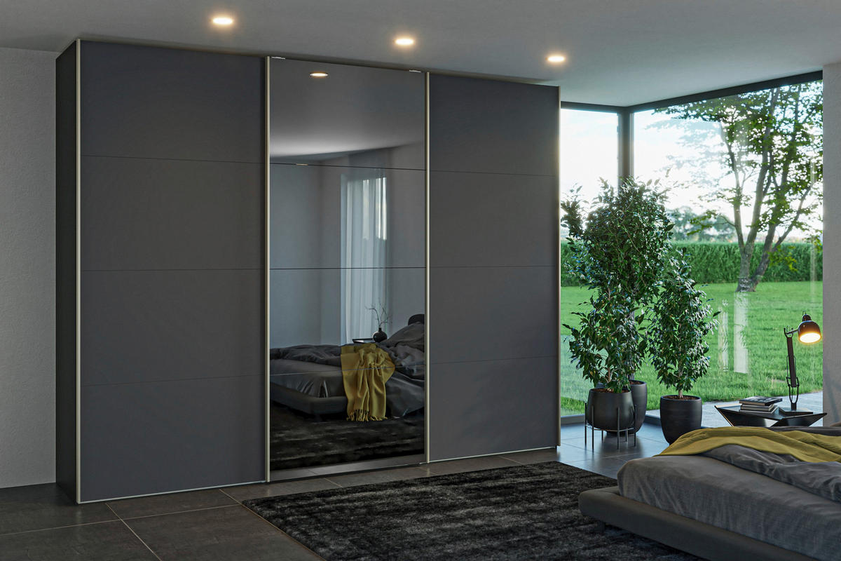 SCHWEBETÜRENSCHRANK 303/236/65 cm 3-türig Anthrazit, Schwarz  - Edelstahlfarben/Anthrazit, Design, Glas/Holzwerkstoff (303/236/65cm) - Jutzler