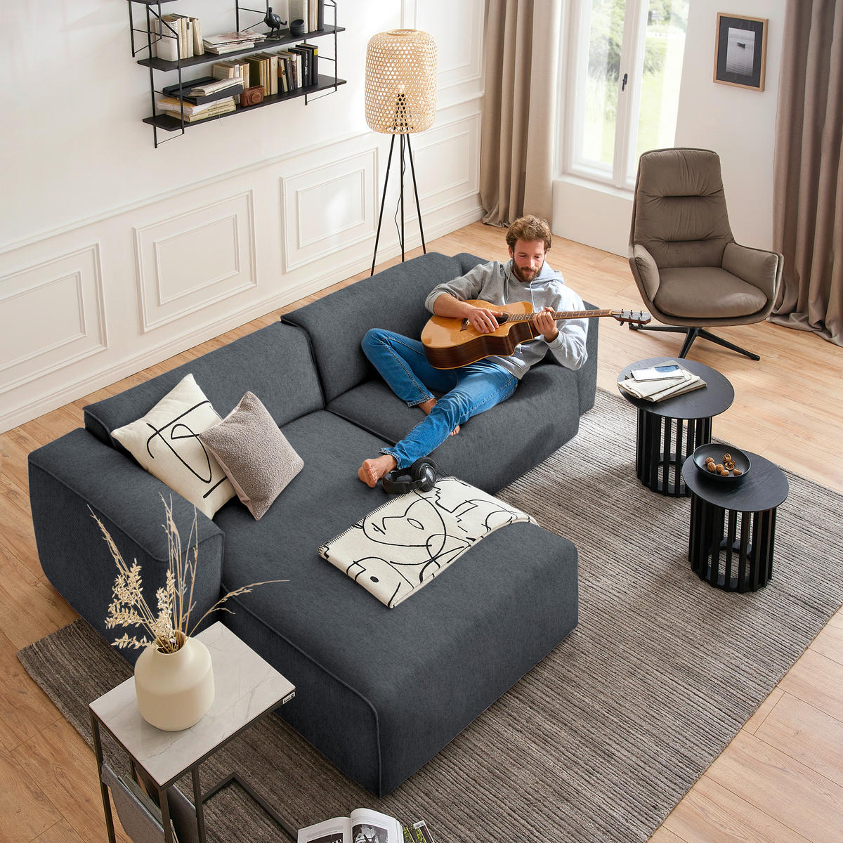 ECKSOFA in Webstoff Dunkelgrau  171/265 cm  - Dunkelgrau/Schwarz, Design, Kunststoff/Textil (171/265cm) - home24