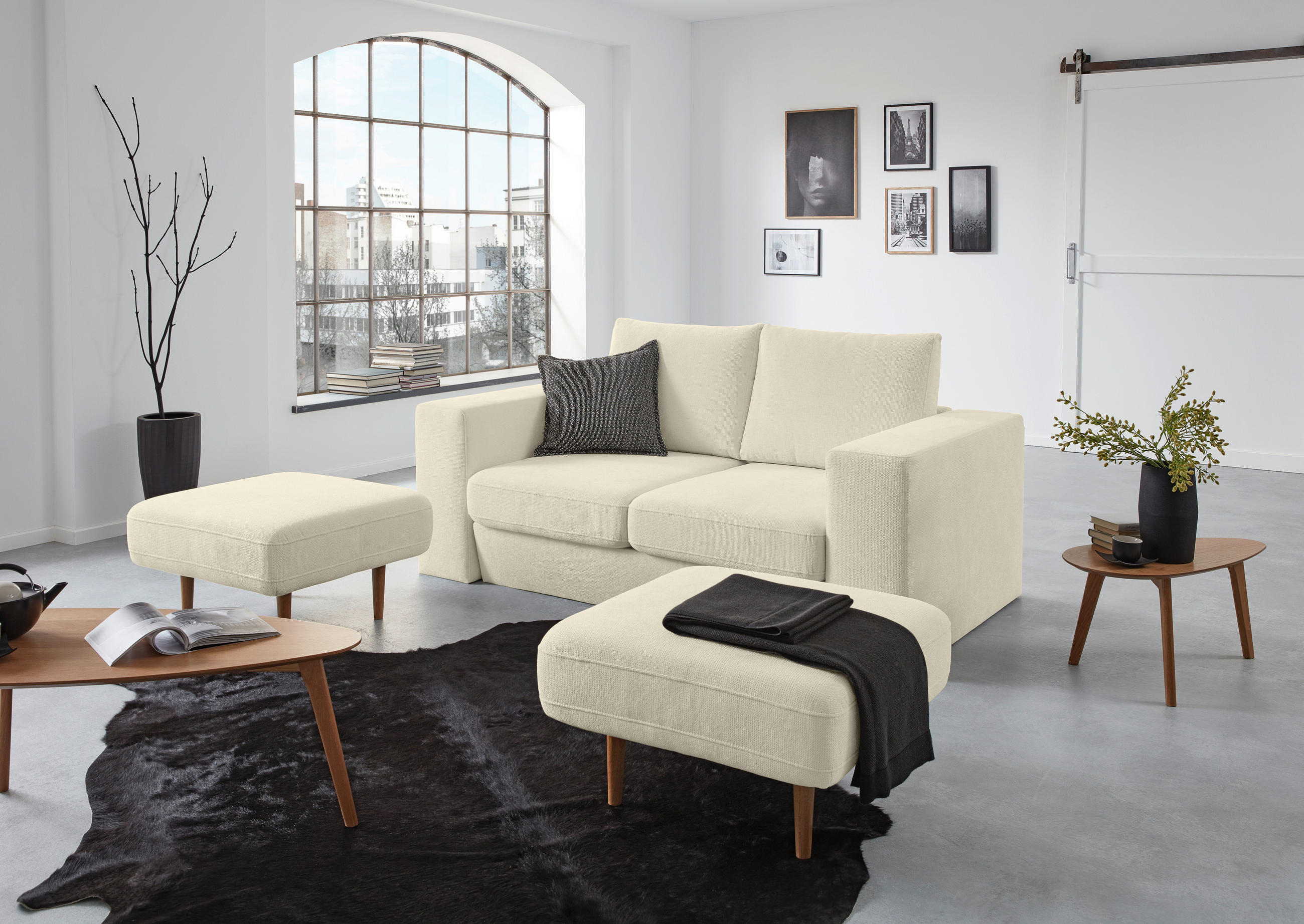 2,5-SITZER inkl. Hocker Webstoff Creme - Eichefarben/Creme, Design, Holz/Textil (192/96/107cm) - LOOKS by W.Joop