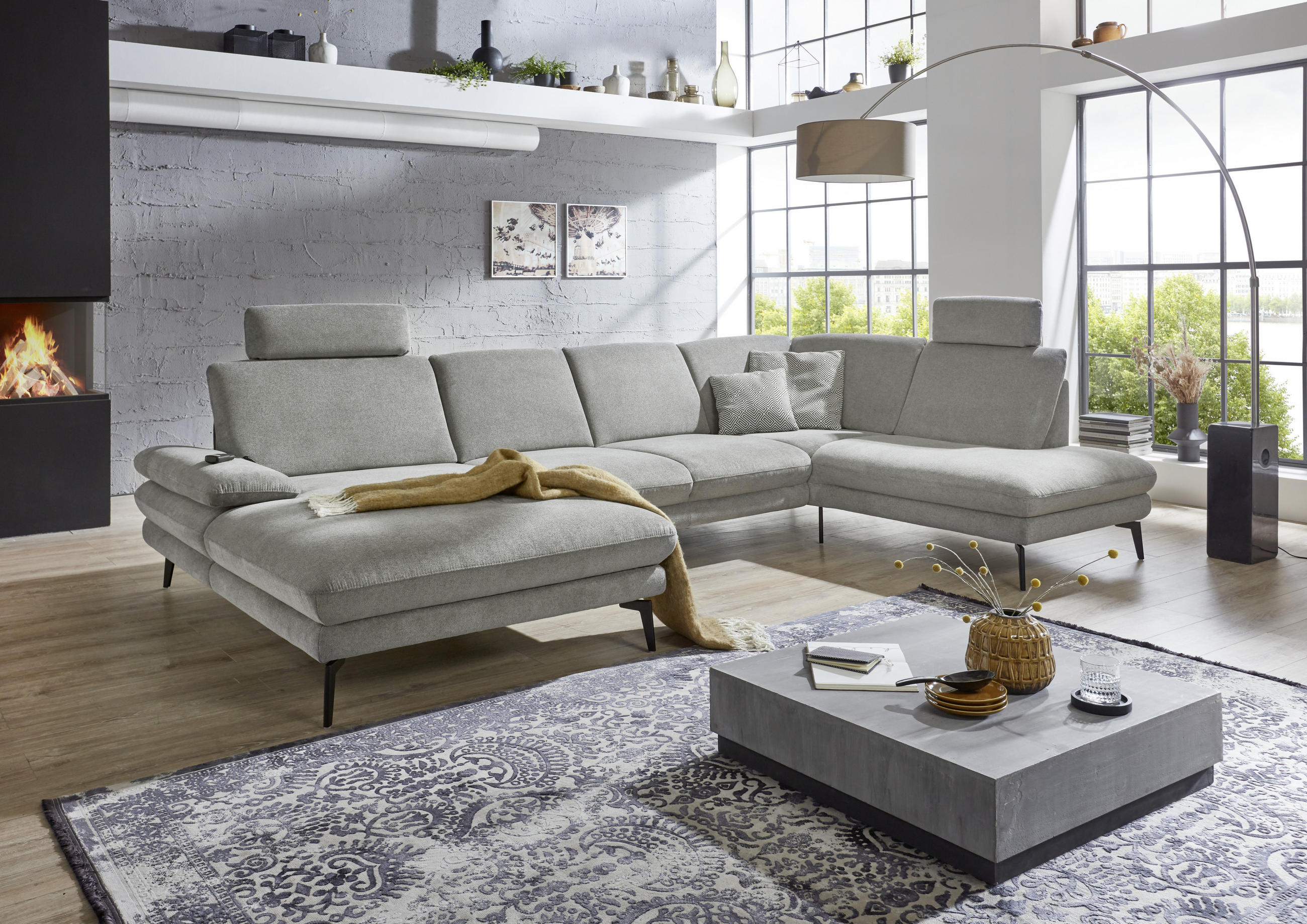 WOHNLANDSCHAFT Grau Webstoff  - Schwarz/Grau, Design, Textil/Metall (180/344/208cm) - Dieter Knoll