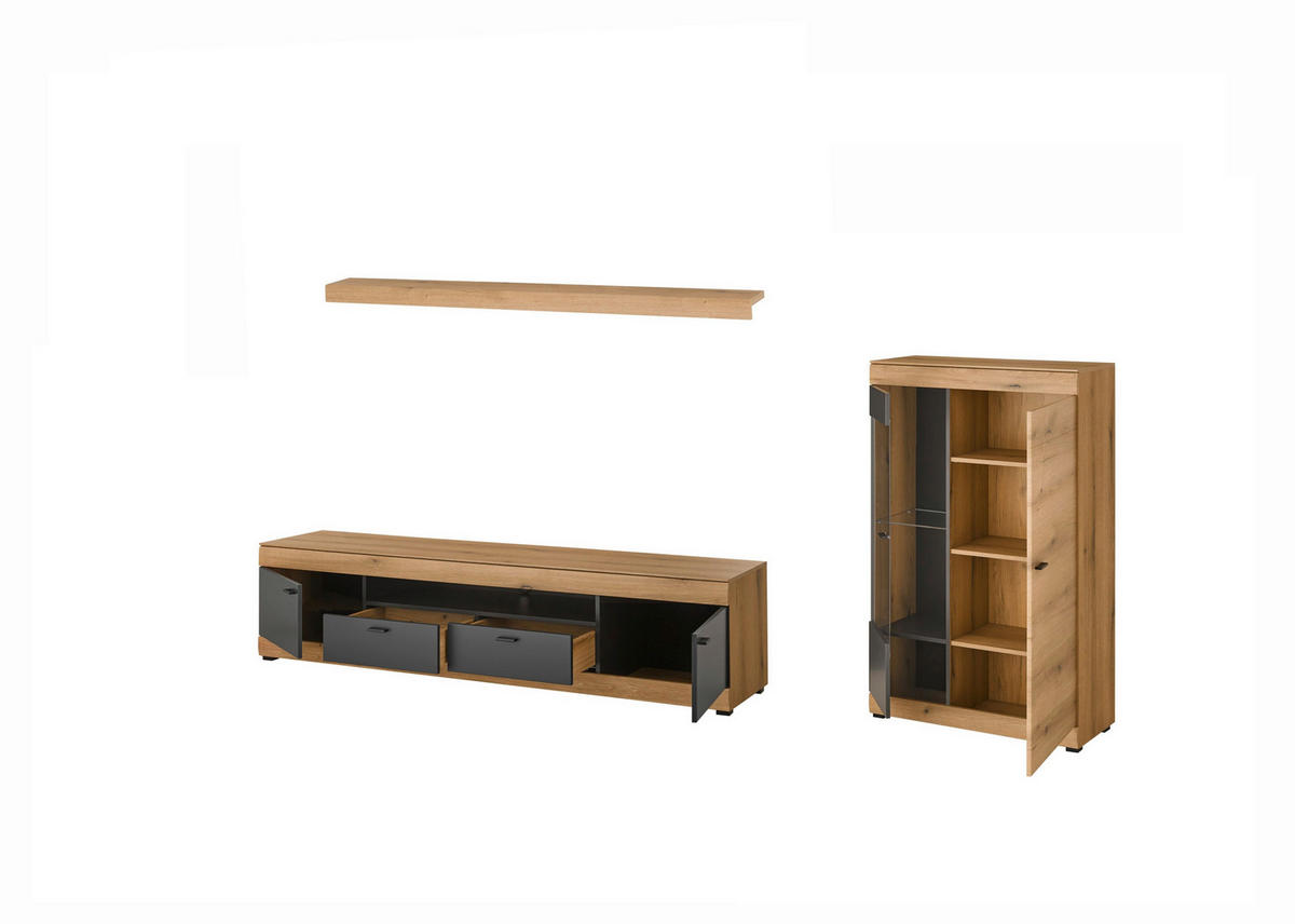 WOHNWAND 3-teilig  in Graphitfarben, Eichefarben  300/170/45 cm  - Eichefarben/Schwarz, Design, Glas/Holzwerkstoff (300/170/45cm) - MID.YOU