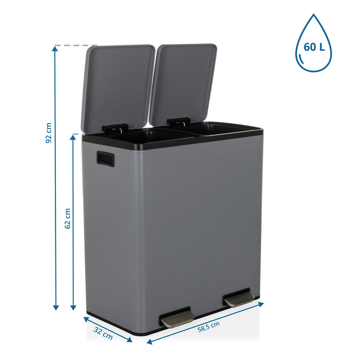 ABFALLSAMMLER 2x30 L  - Schwarz/Grau, MODERN, Kunststoff/Metall (58,5/62/32cm) - MID.YOU