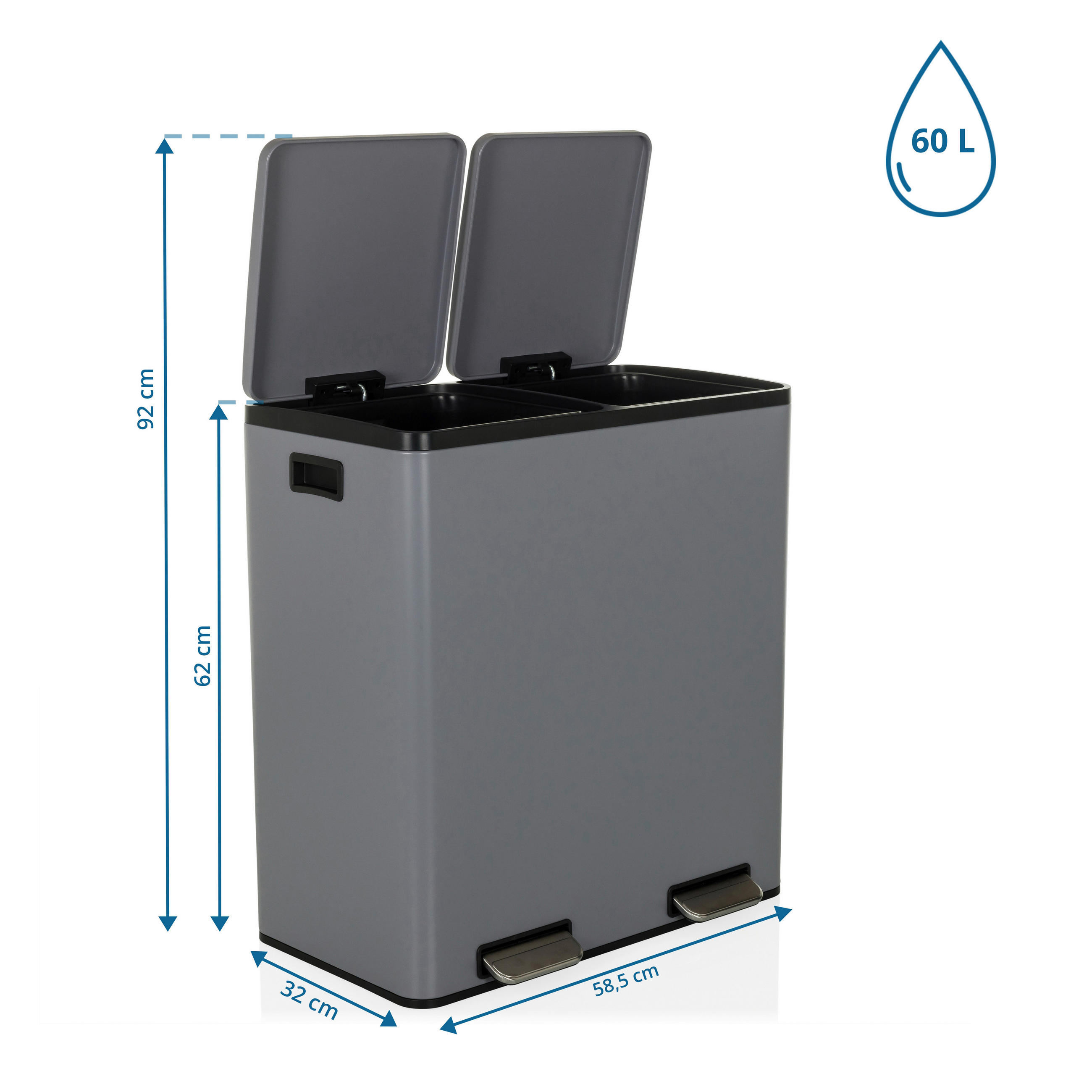 Thumbnail - Mid.you Abfallsammler, Grau, Kunststoff, 2x30 L, 58.5x62x32 cm, Küchen, Küchenausstattung, Mülleimer