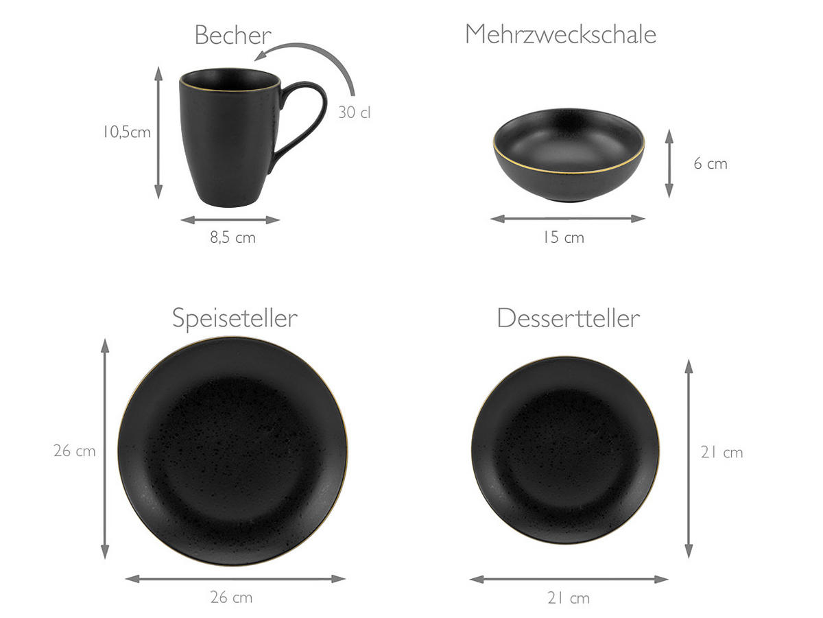 KOMBISERVICE Industrial Gold Black 16-teilig  - Schwarz, KONVENTIONELL, Keramik (34/31/33cm) - Creatable