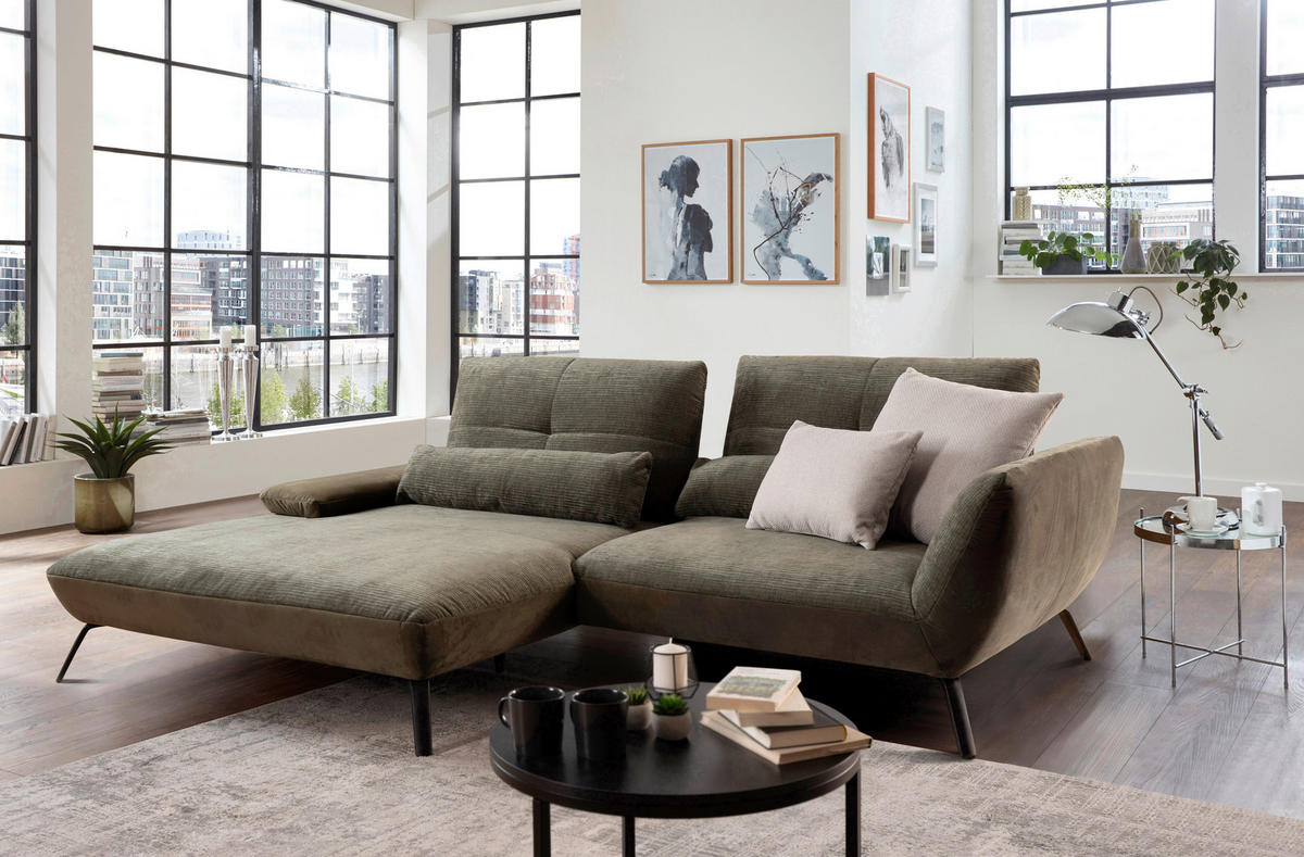 ECKSOFA Olivgrün Flachgewebe  - Schwarz/Olivgrün, Trend, Textil/Metall (191-207/273cm) - Livetastic