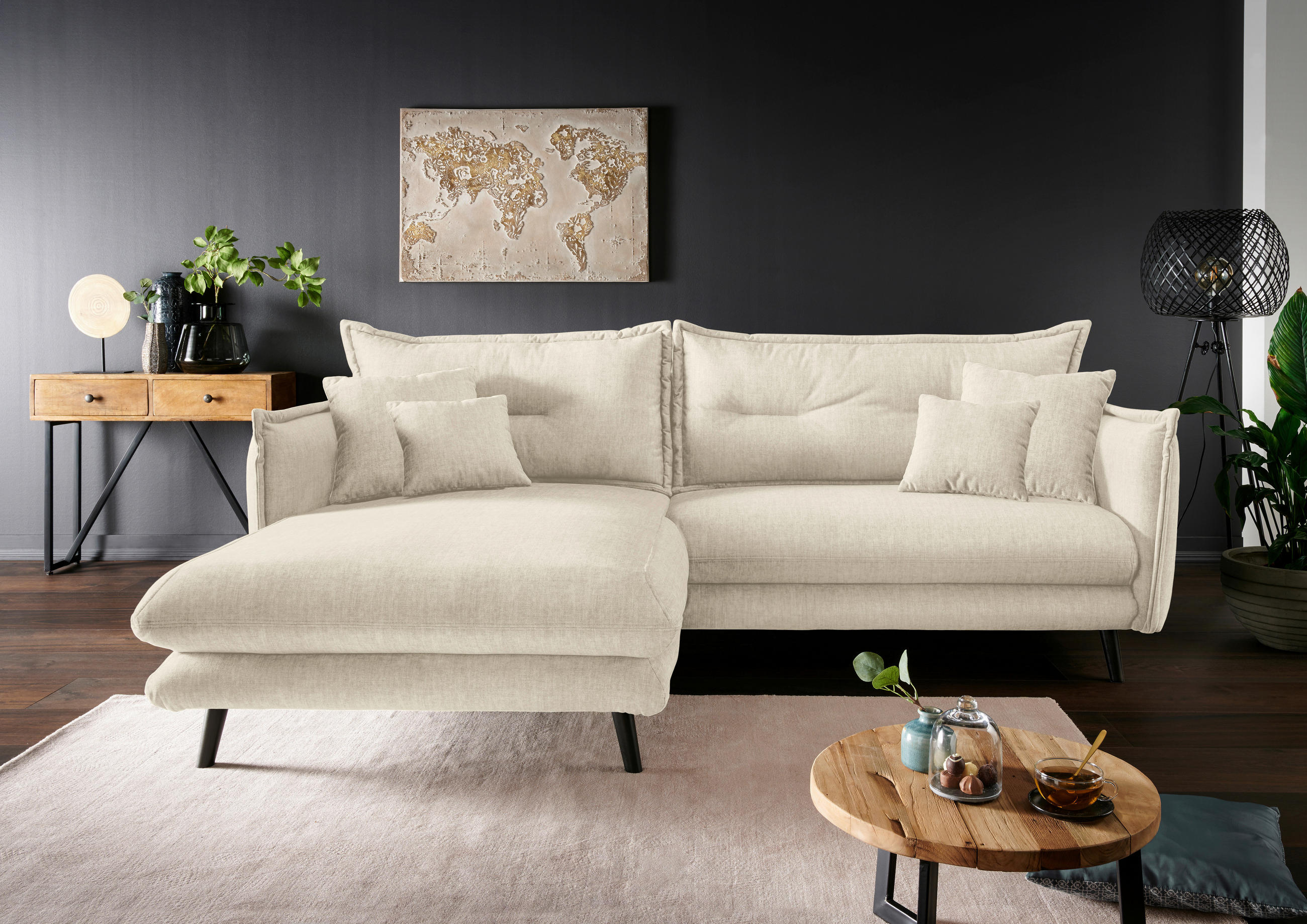 ECKSOFA Beige Velours  - Beige/Schwarz, MODERN, Holz/Textil (180/255cm) - Livetastic