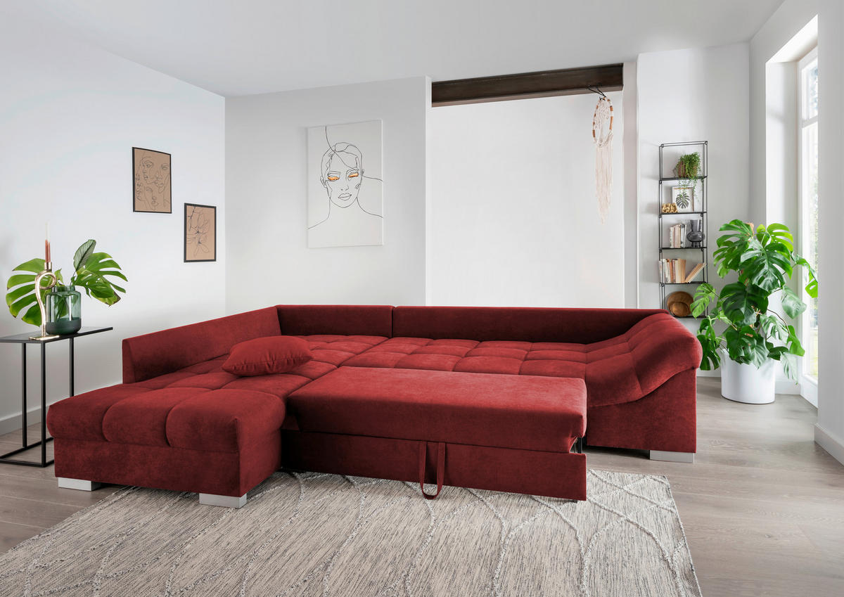 ECKSCHLAFSOFA in Rot Textil   - Silberfarben/Rot, Design, Holz/Textil (202/298cm) - MID.YOU