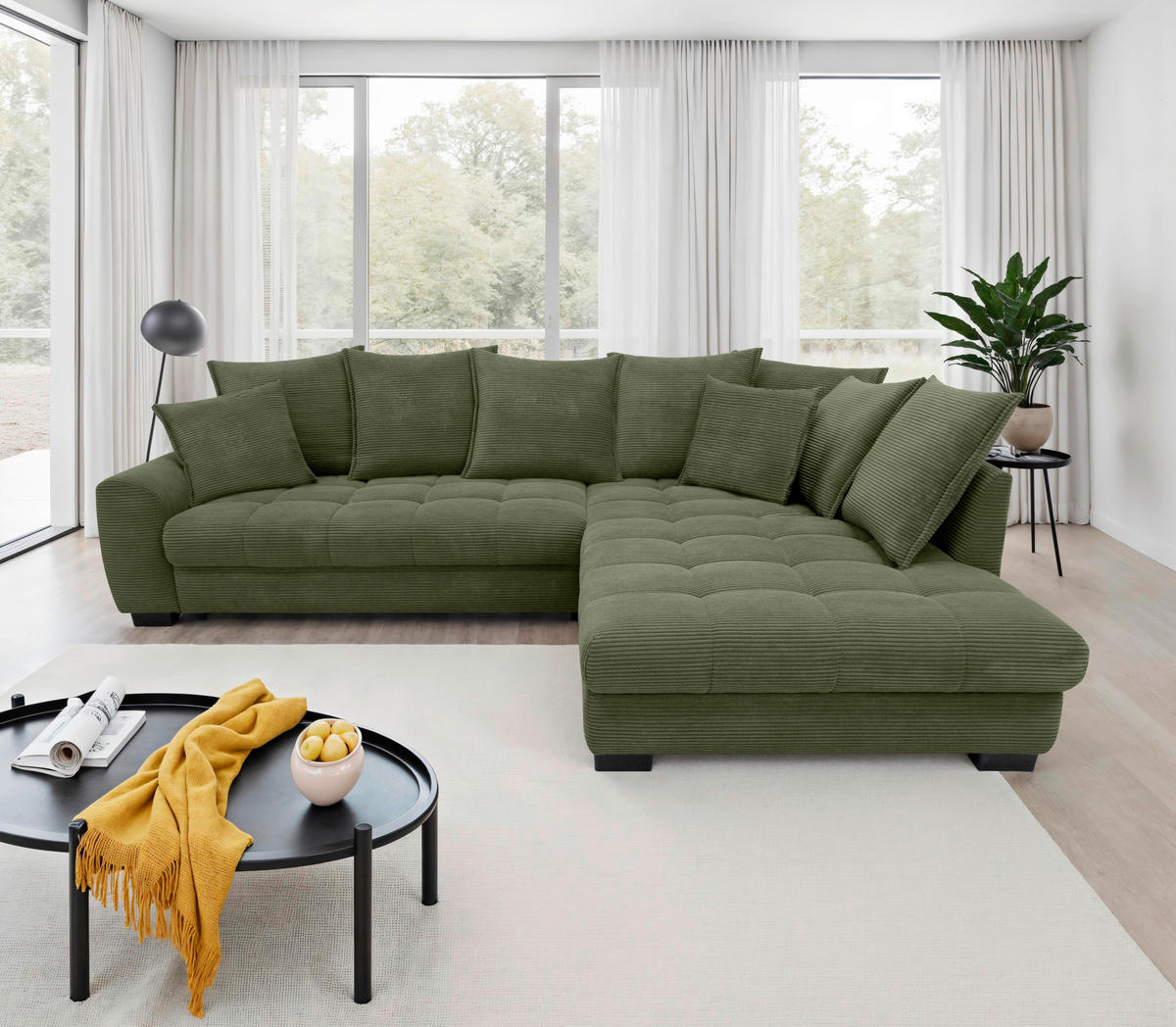 ECKSOFA Grün Cord Rückenkissen, Armlehnenkissen, Bettkasten, Schlaffunktion, Rücken echt, Liegefläche im Originalstoff  - Schwarz/Grün, KONVENTIONELL, Kunststoff/Textil (304/212cm) - Carryhome