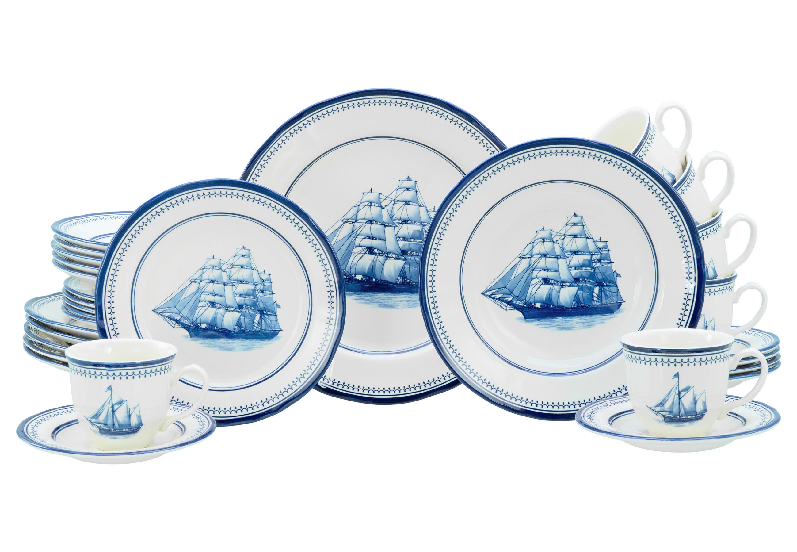KOMBISERVICE Blau, Weiß Segelschiff blau 30-teilig 6 Personen  - Blau/Weiß, Basics, Keramik - Creatable