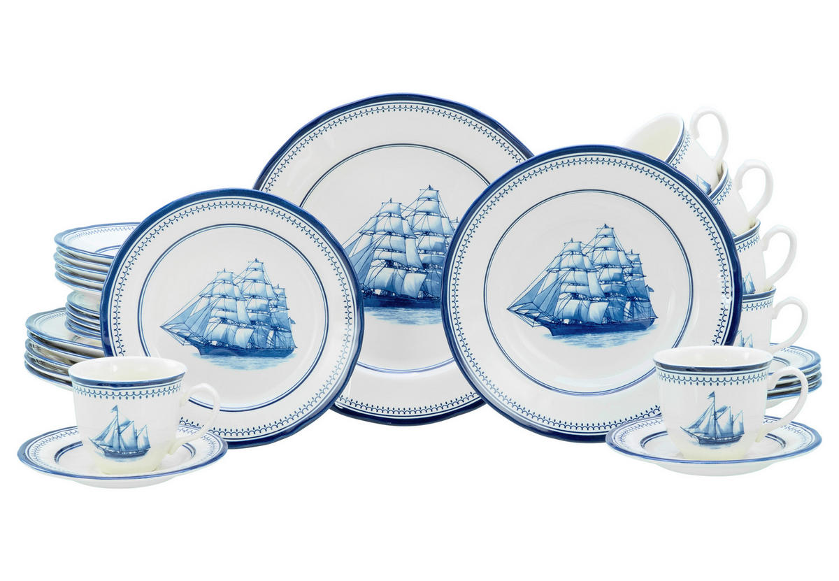 KOMBISERVICE Blau, Weiß Segelschiff blau 30-teilig 6 Personen  - Blau/Weiß, Basics, Keramik - Creatable