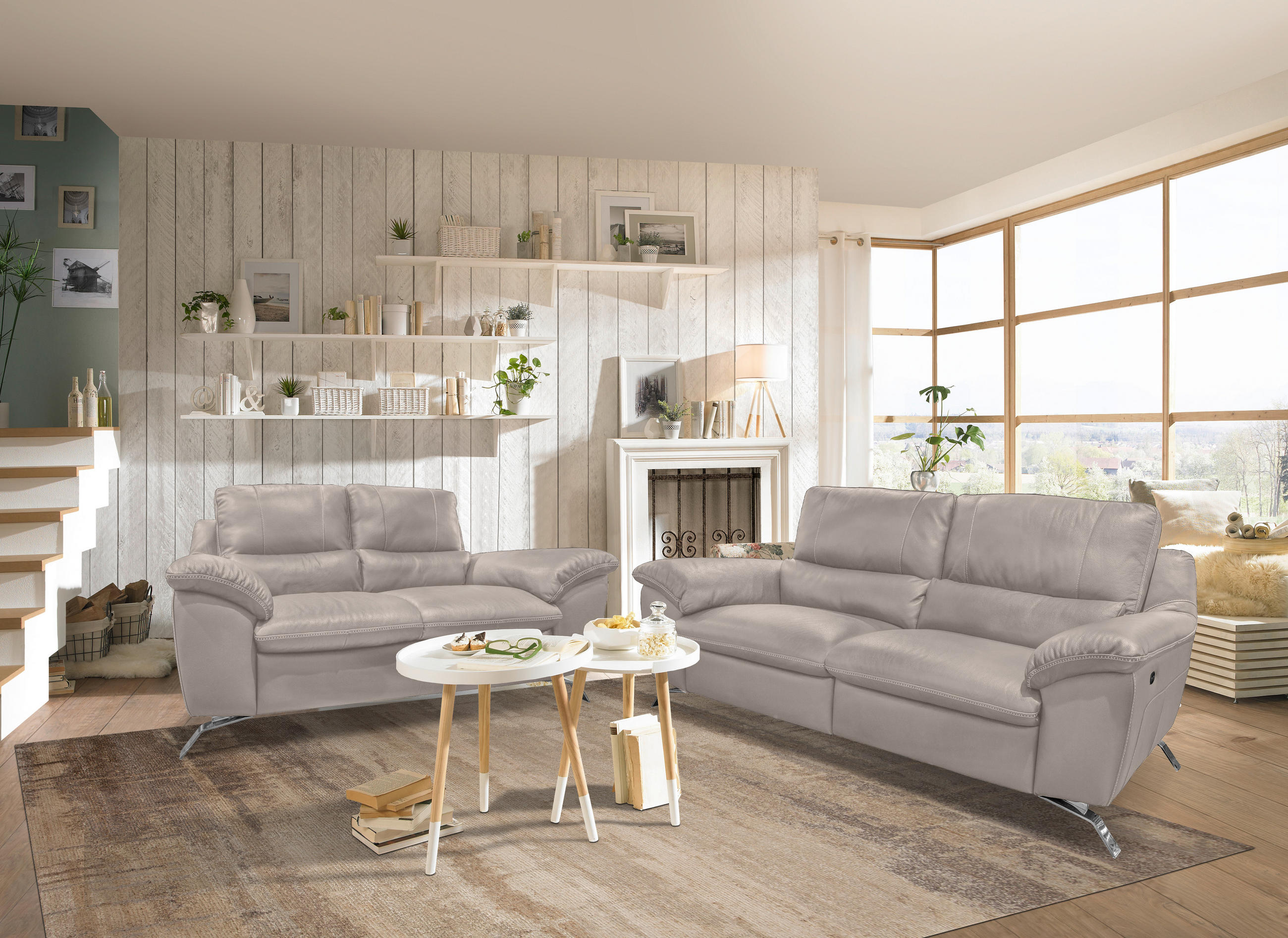 2,5-SITZER in Kombination Echtleder/Lederlook Grau  - Silberfarben/Grau, Design, Leder/Metall (216/97/95-151cm) - Livetastic