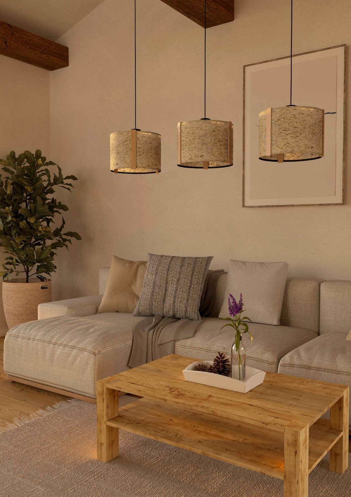 HÄNGELEUCHTE 110/20/150 cm  - Beige/Schwarz, Natur, Holz/Textil (110/20/150cm) - Eglo