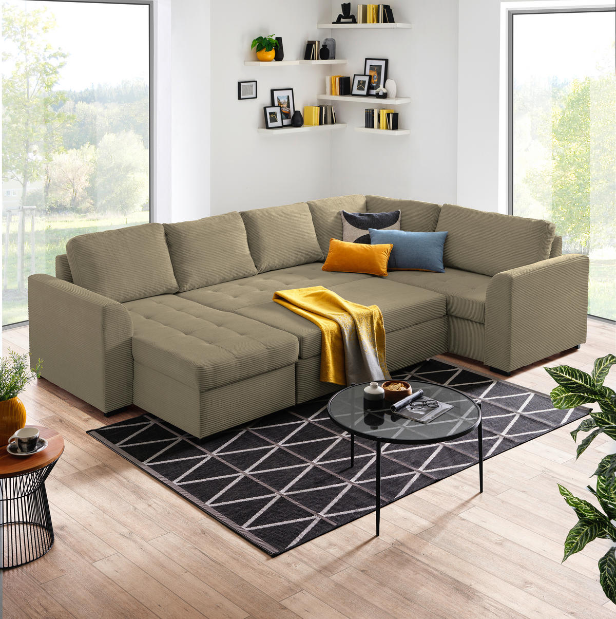WOHNLANDSCHAFT in Velours, Cord Olivgrün  - Schwarz/Olivgrün, Design, Kunststoff/Textil (160/311/205cm) - Xora