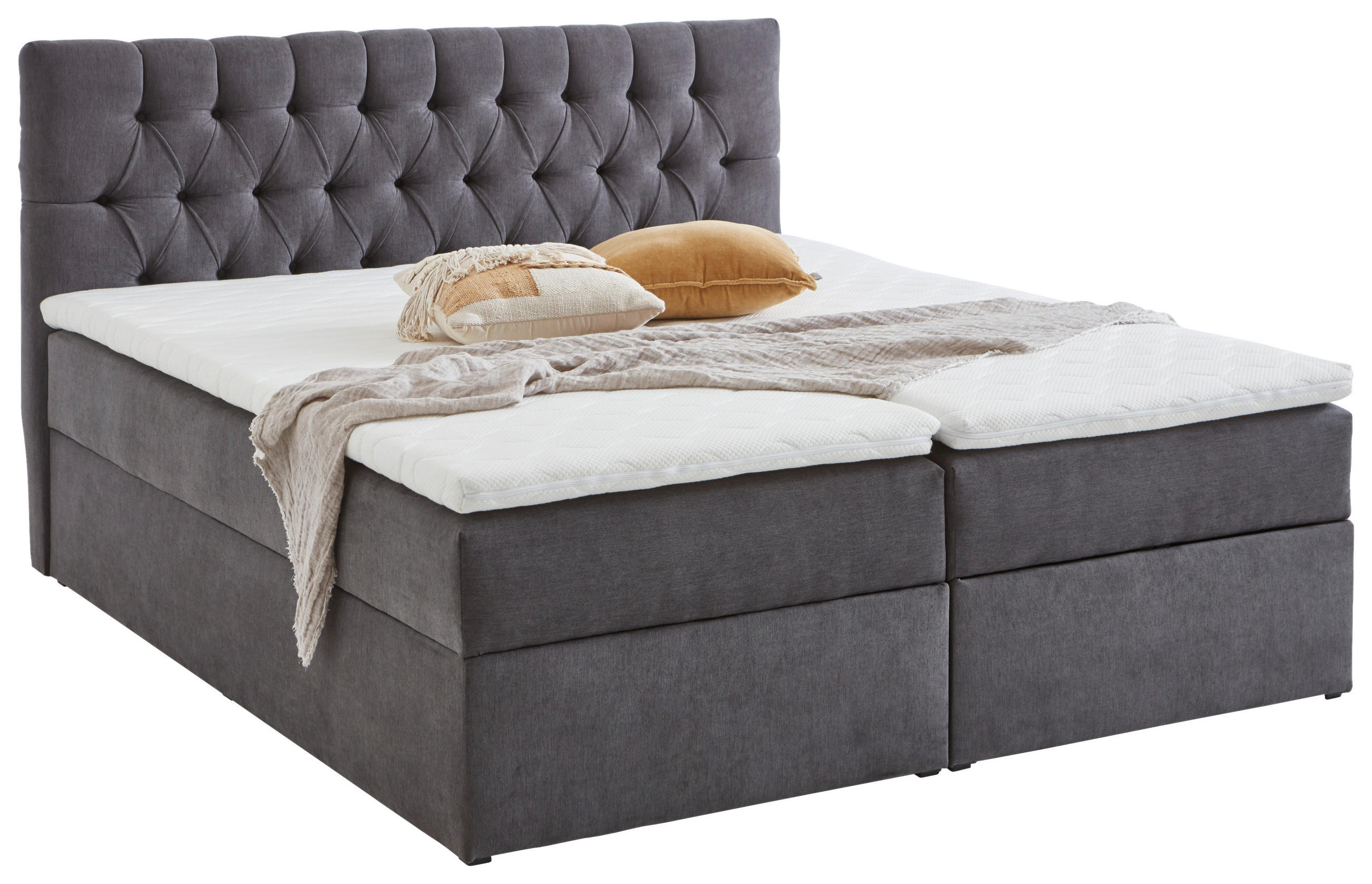 BOXBETT 180/200 cm,  in Grau, gepolstertes Kopfteil, Bettkasten, Topper, Kopfteilverstellung, H2 + H3 = mittel + fest  - Schwarz/Grau, MODERN, Kunststoff/Textil (180/200cm) - MID.YOU