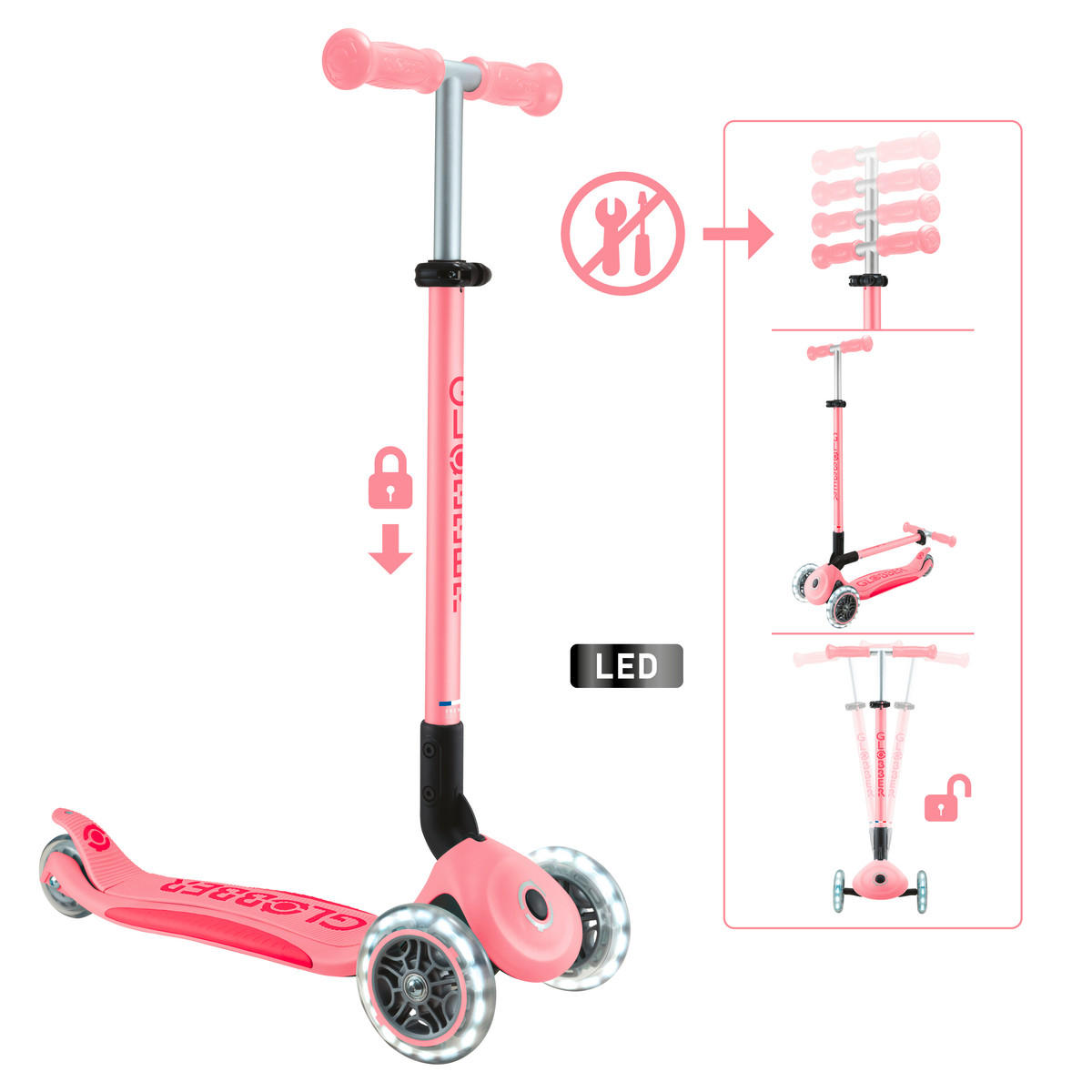 SCOOTER PRIMO FOLDABLE PLUS LIGHTS  - Pink, LIFESTYLE, Kunststoff/Metall (57,5/28/82,5cm) - GLOBBER