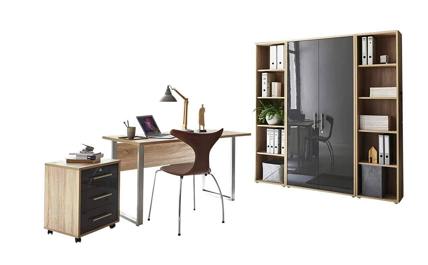 BÜRO erweiterbar, abschließbar Sonoma Eiche, Anthrazit Hochglanz - Anthrazit Hochglanz/Sonoma Eiche, MODERN, Holzwerkstoff/Metall - MID.YOU