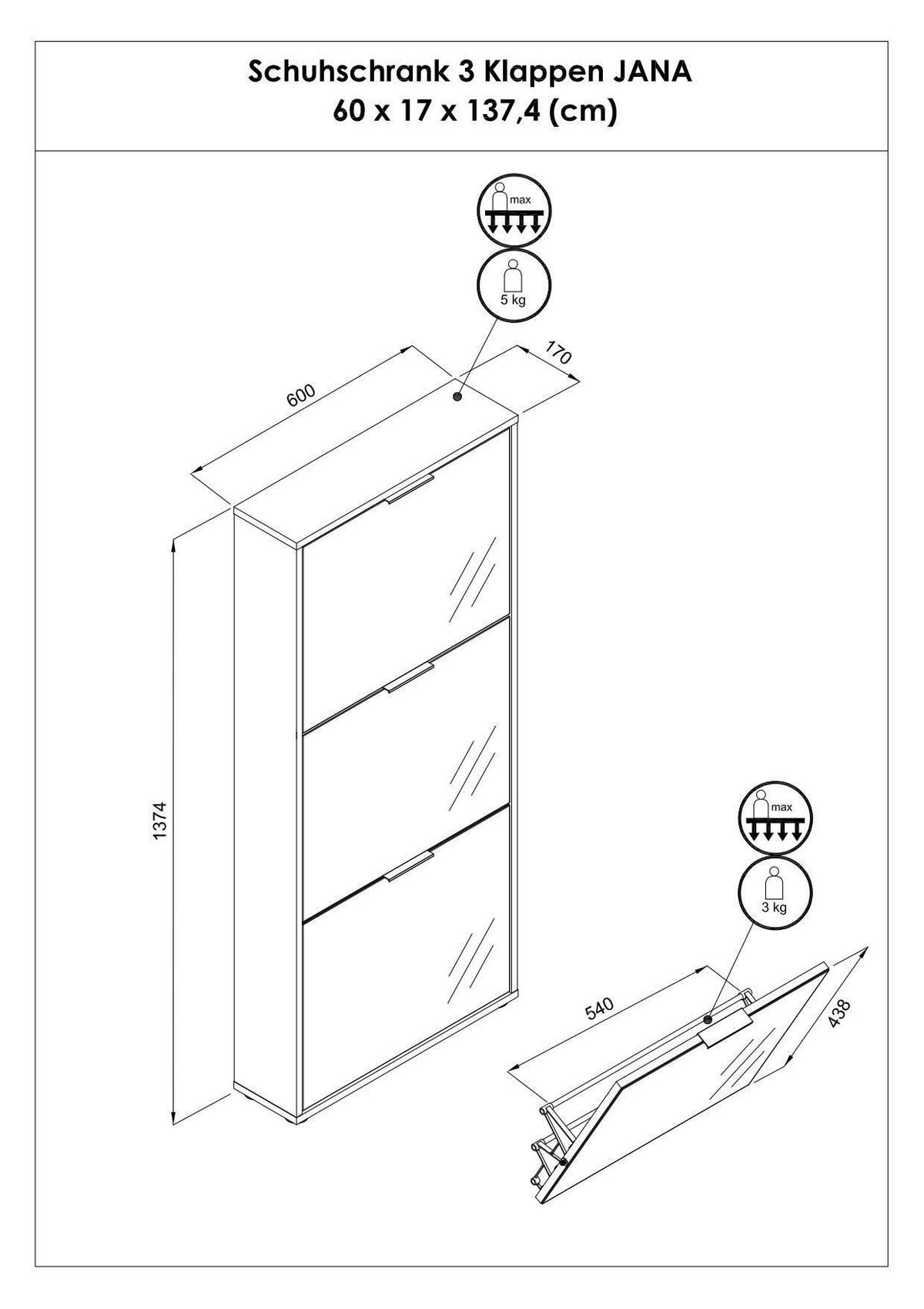 SCHUHKIPPER - Kaschmir/Schwarz, MODERN, Glas/Holzwerkstoff (60/137/17cm) - Boxxx