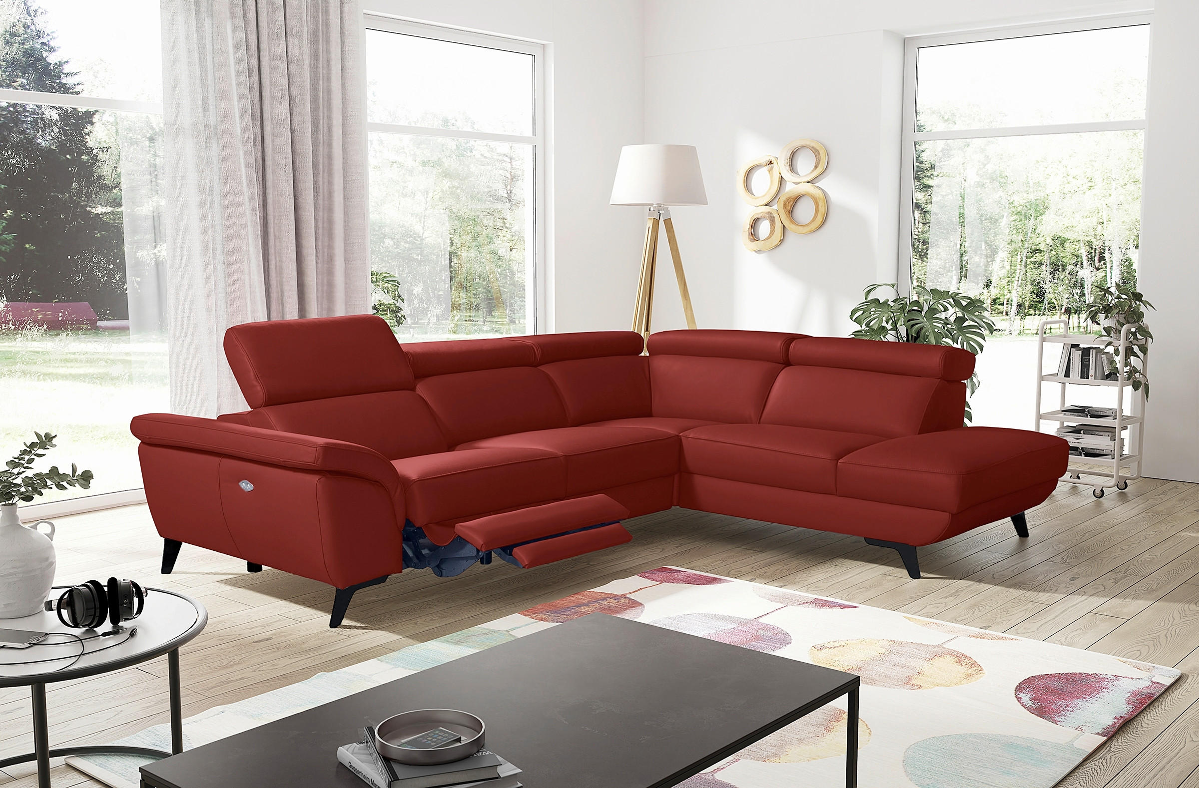 ECKSOFA DALLAS in Echtleder Rot Rücken echt, Armteilverstellung, Relaxfunktion, Kopfteilverstellung  283/228 cm  - Rot/Schwarz, Design, Leder/Metall (283/228cm) - Livetastic