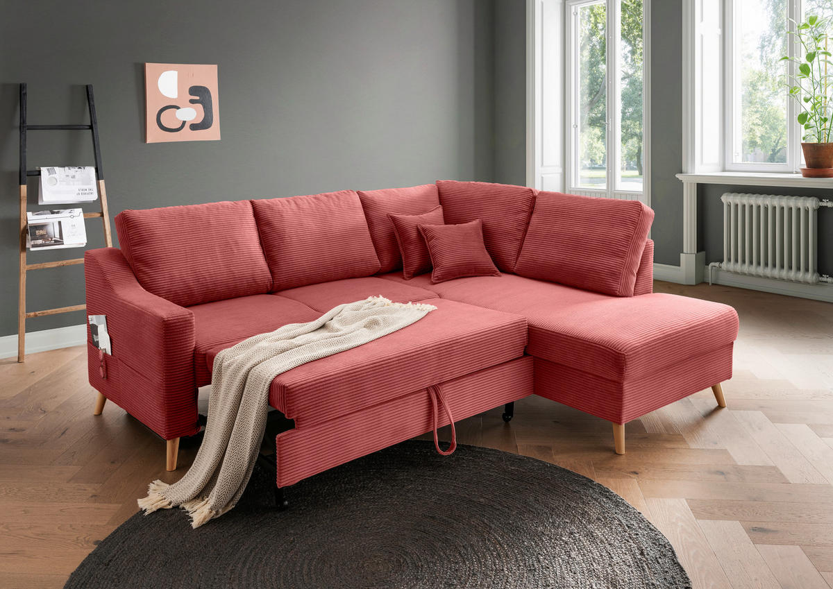 ECKSOFA in Cord Koralle  - Koralle/Naturfarben, MODERN, Holz/Textil (230/200cm) - Livetastic