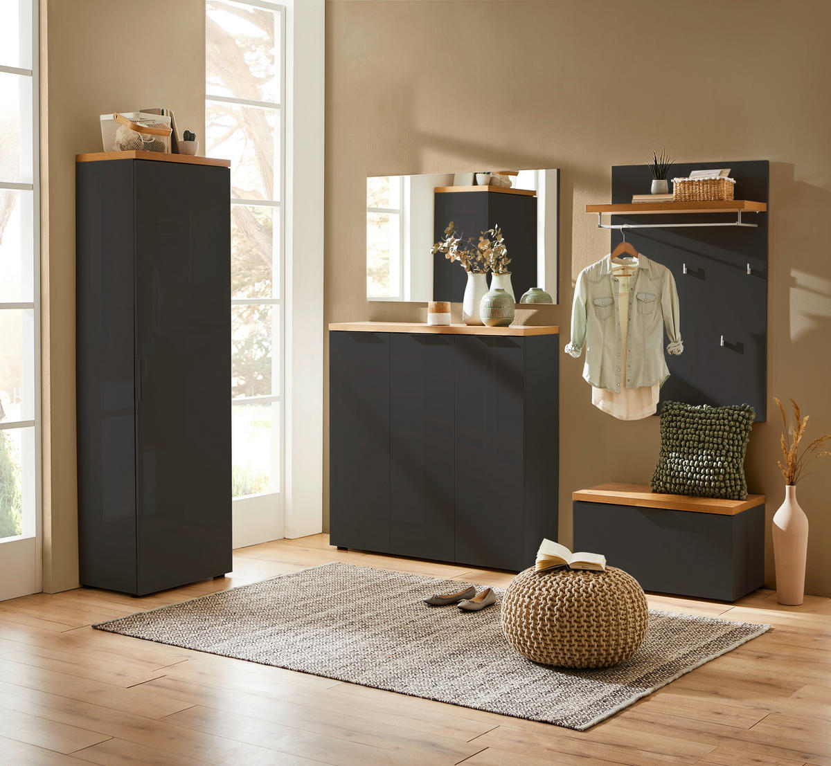 SKOSKÅP 120/115/34 cm  - aluminiumfärg/antracit, Design (120/115/34cm) - Xora