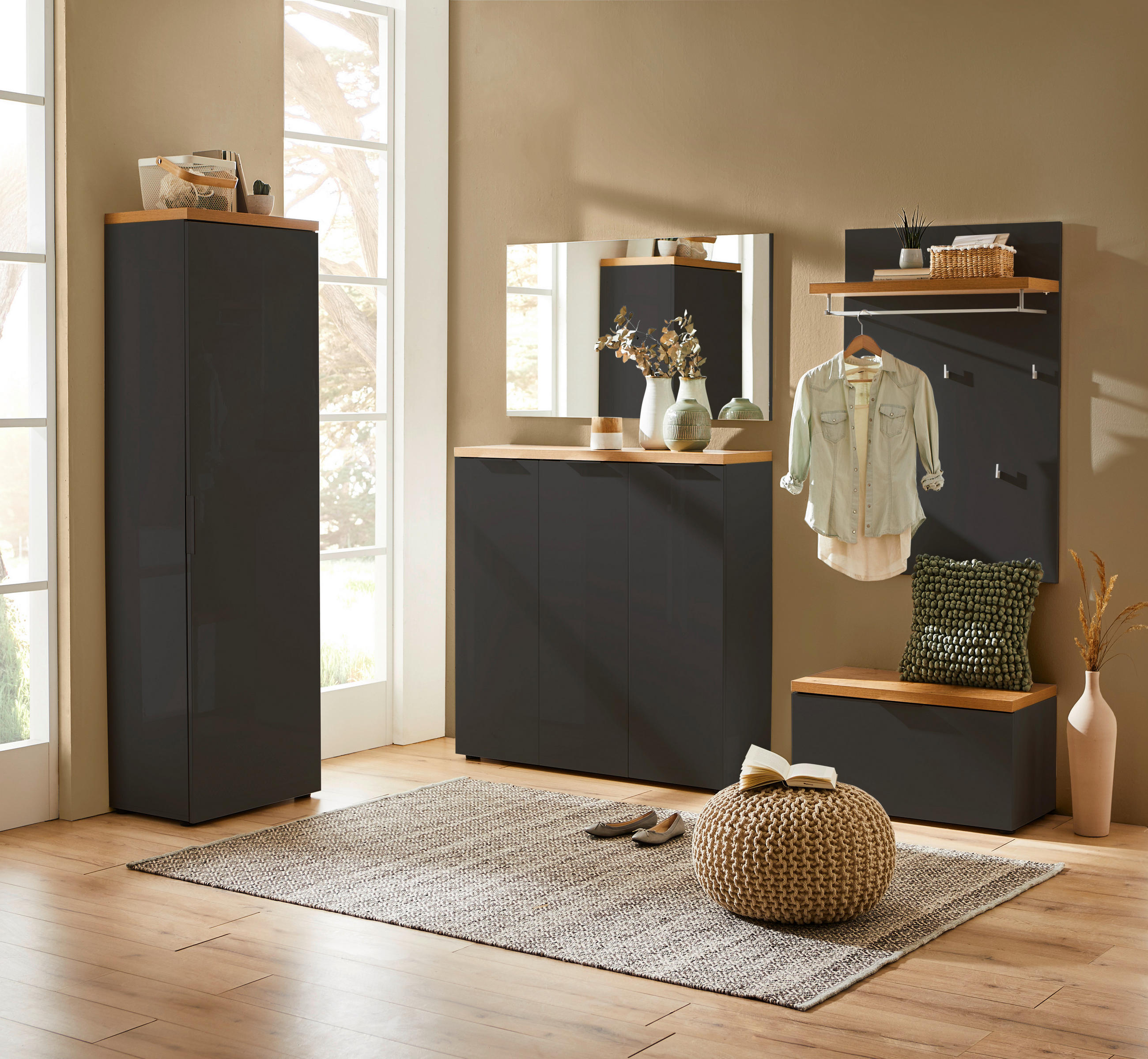 Thumbnail - Xora Garderobenbank, Eiche, Anthrazit Hochglanz, Metall, 2-Sitzer, 80x42x38 cm, erweiterbar, Garderobe, Garderobenbänke,...