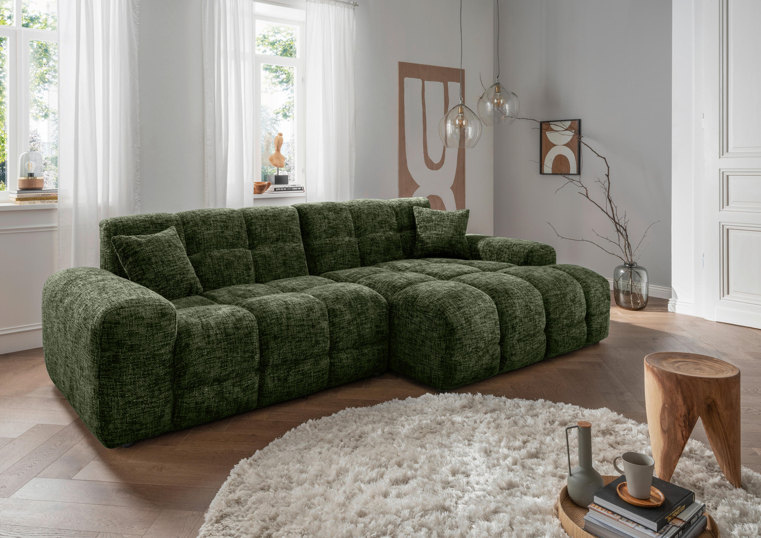 ECKSOFA in Struktur Dunkelgrün - Dunkelgrün/Schwarz, Modern, Kunststoff/Textil (301/152cm) - Livetastic
