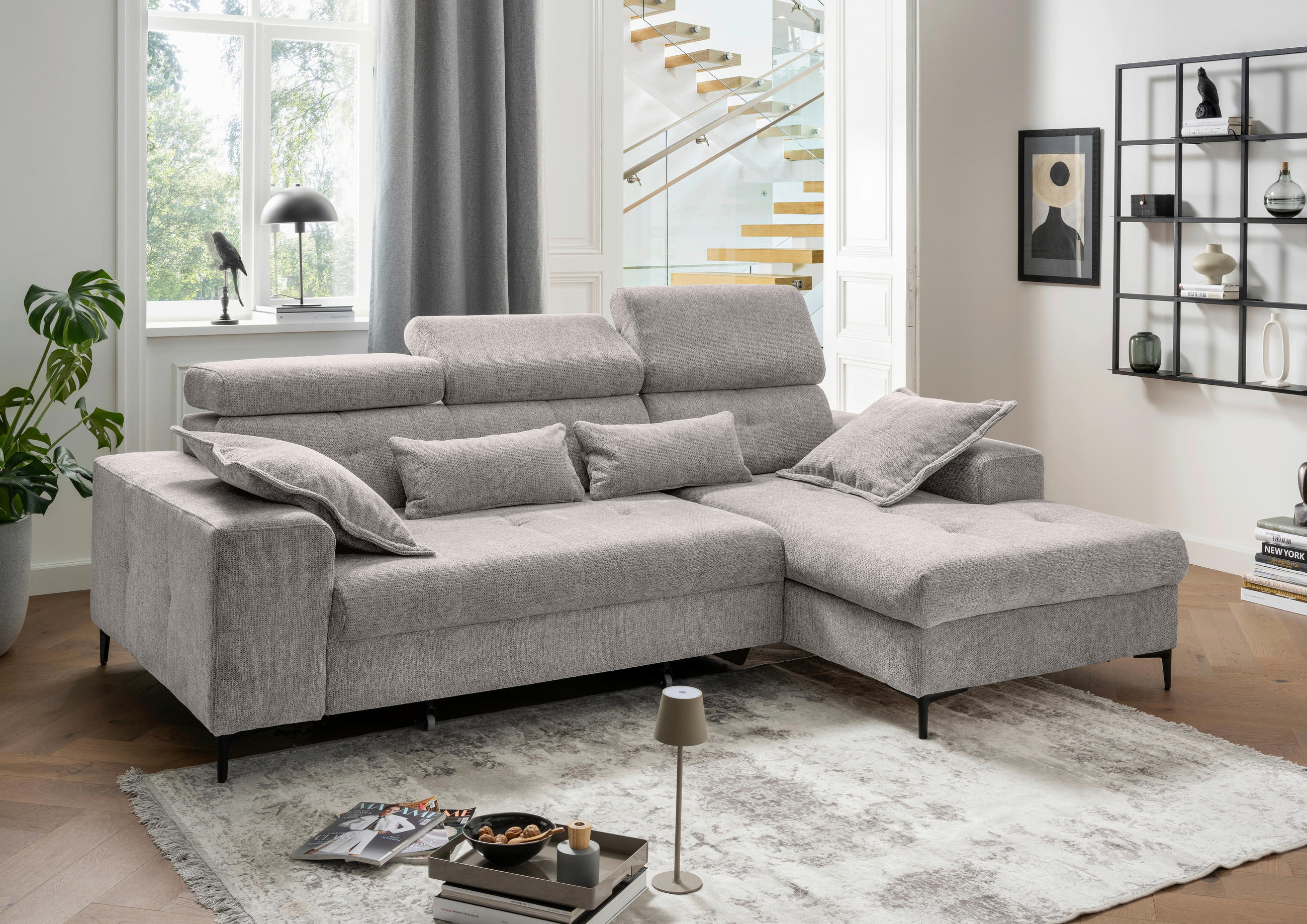 ECKSOFA NEAPEL Grau Chenille Schlaffunktion, Kopfteilverstellung, Sitzvorzug  - Schwarz/Grau, Basics, Textil/Metall (270/186cm) - Livetastic