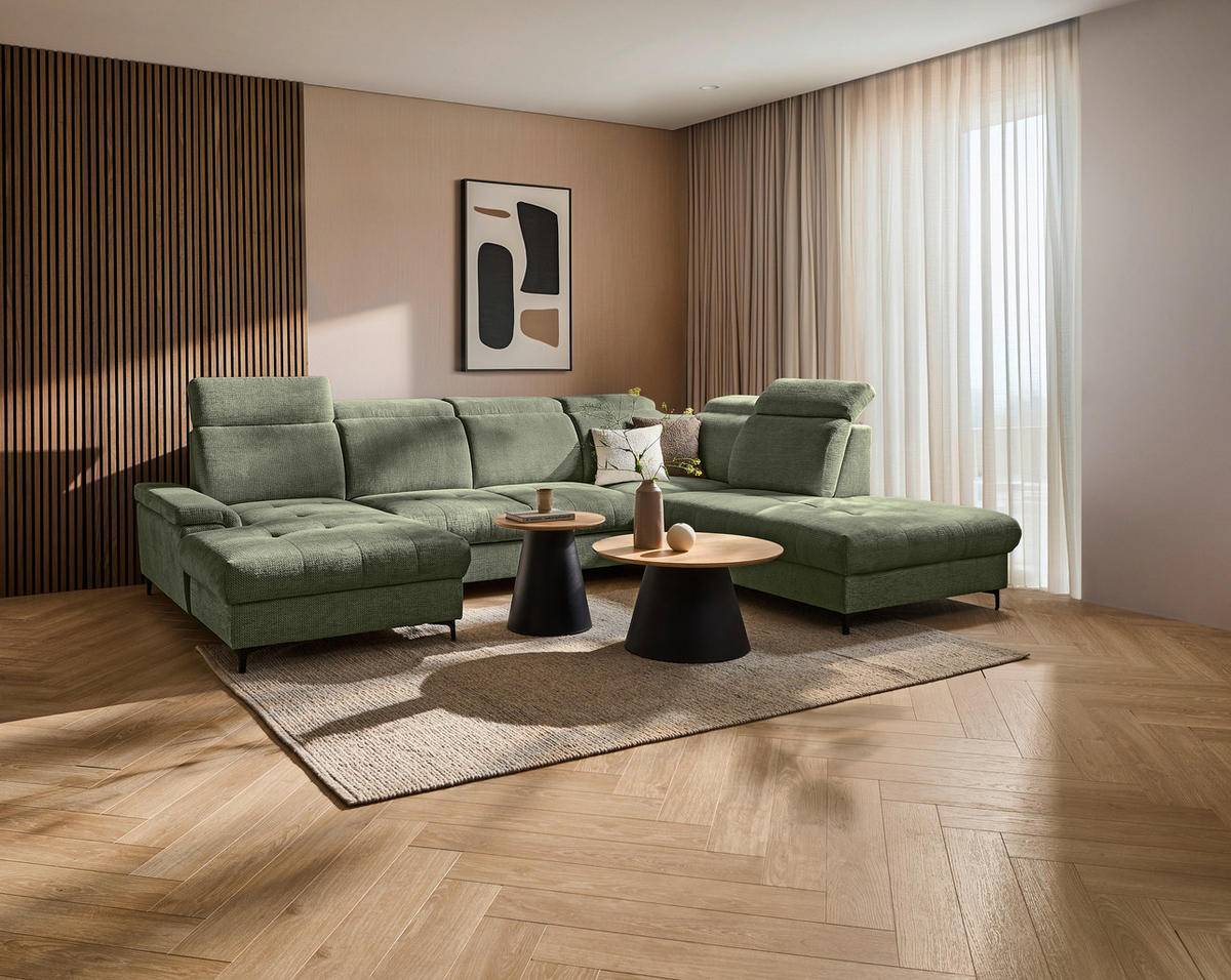 WOHNLANDSCHAFT Dunkelgrün Struktur  - Dunkelgrün/Schwarz, Design, Textil/Metall (190/364/270cm) - Stylife