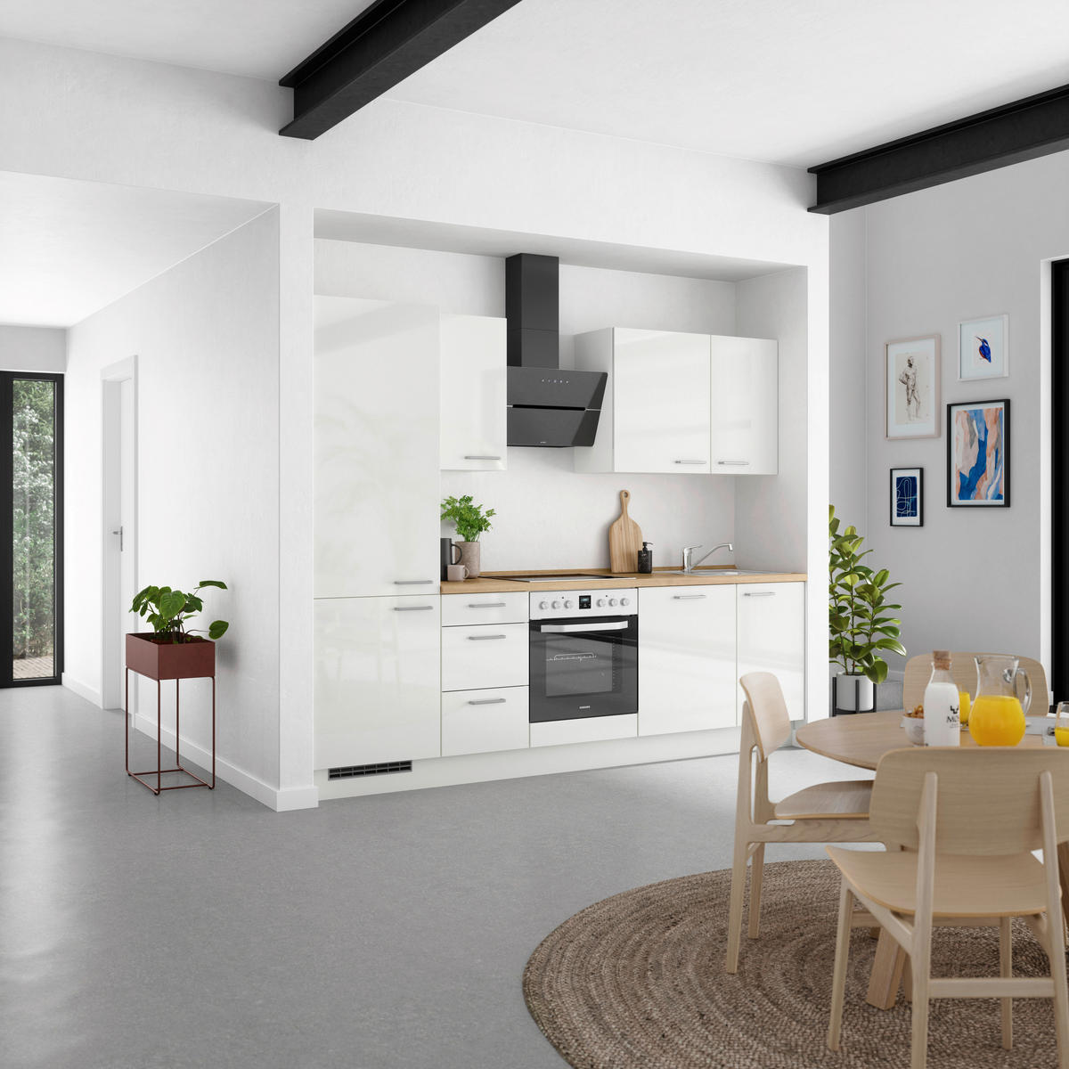 KÜCHENBLOCK 270 cm   in Eichefarben, Weiß Hochglanz  - Edelstahlfarben/Eichefarben, MODERN, Holzwerkstoff/Metall (270cm) - Nobilia