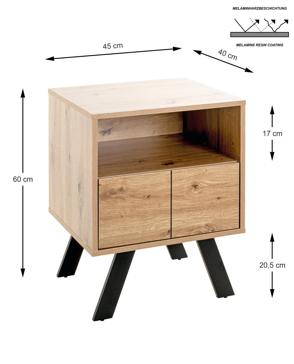 BEISTELLTISCH 45/40/60 cm Eichefarben rechteckig  - Eichefarben/Schwarz, Design, Holzwerkstoff/Metall (45/40/60cm)