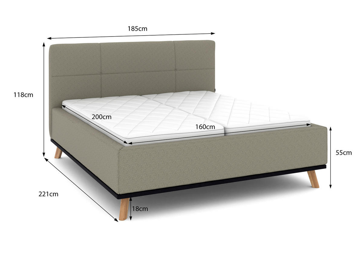 POLSTERBETT 160/200 cm,  in Hellgrau, Matratze, Lattenrost, Bettkasten, H2 + H2 = mittel  - Eichefarben/Hellgrau, Design, Holz/Textil (160/200cm) - Musterring