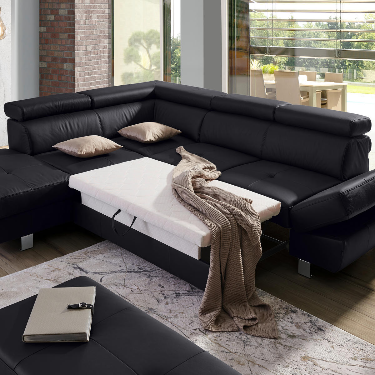 ECKSOFA in Lederlook Kombination Echtleder/Lederlook Schwarz  - Chromfarben/Schwarz, Design, Leder/Textil (212/265cm) - Stylife