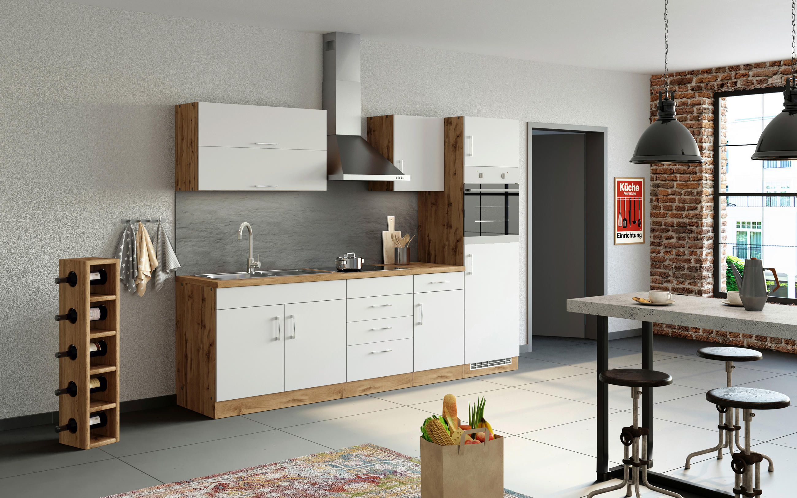 Küchenzeile Sorrento Mit Geräten 270cm Weiß/eiche Dekor