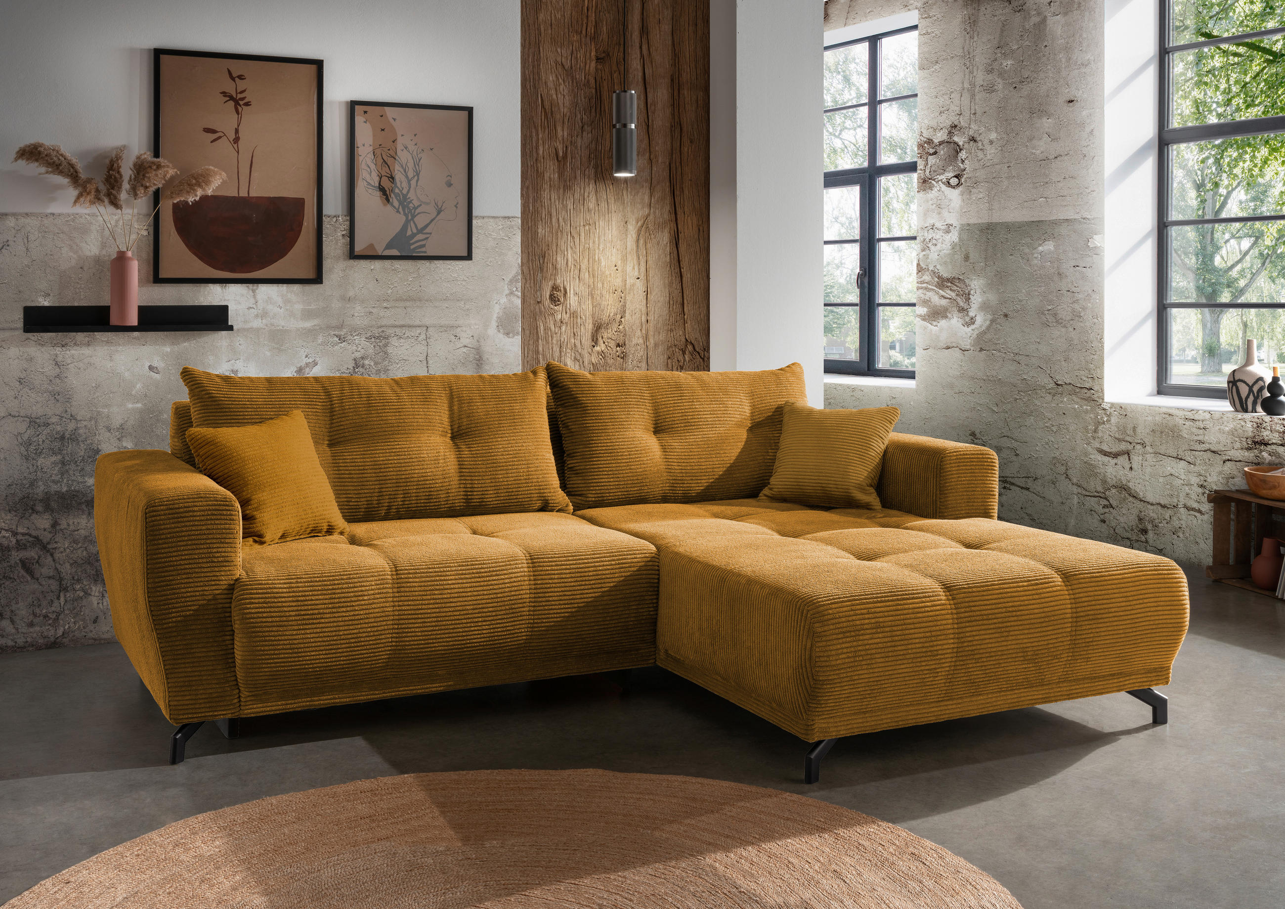 ECKSOFA in Cord Goldfarben  246/177 cm  - Goldfarben/Schwarz, MODERN, Holz/Textil (246/177cm) - MID.YOU