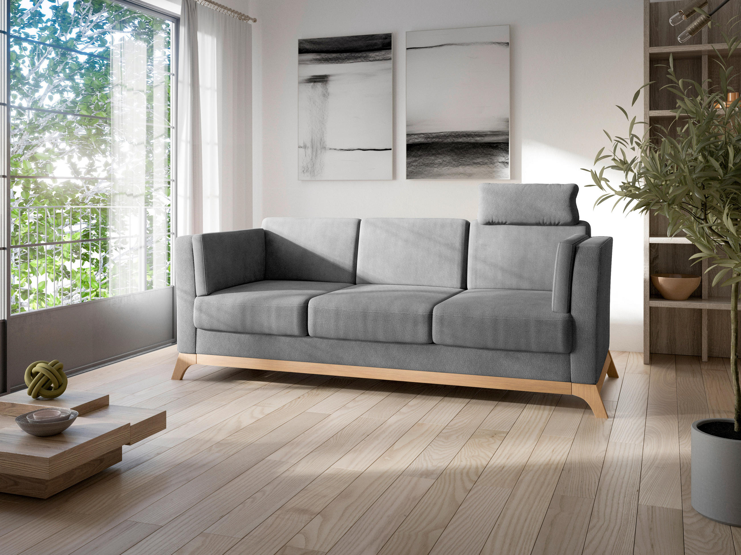 3-SITZER-SOFA in Flachgewebe Grau  - Eichefarben/Grau, KONVENTIONELL, Holz/Textil (213/84/93cm) - Sit & More