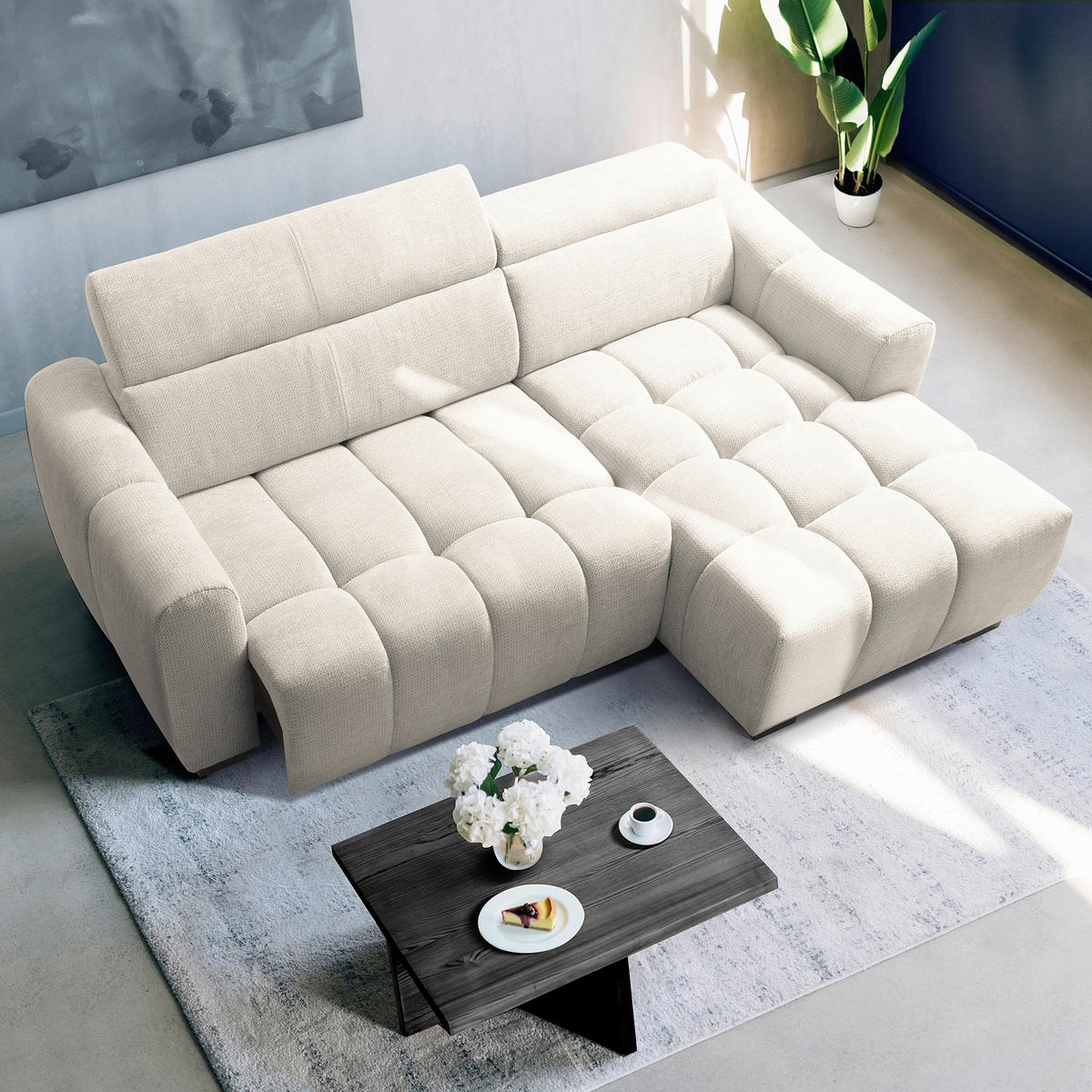 ECKSOFA AVEIRO Weiß Webstoff Bettkasten, Kopfteilverstellung, Sitzvorzug  - Schwarz/Weiß, Design, Kunststoff/Textil (274/177cm) - Livetastic