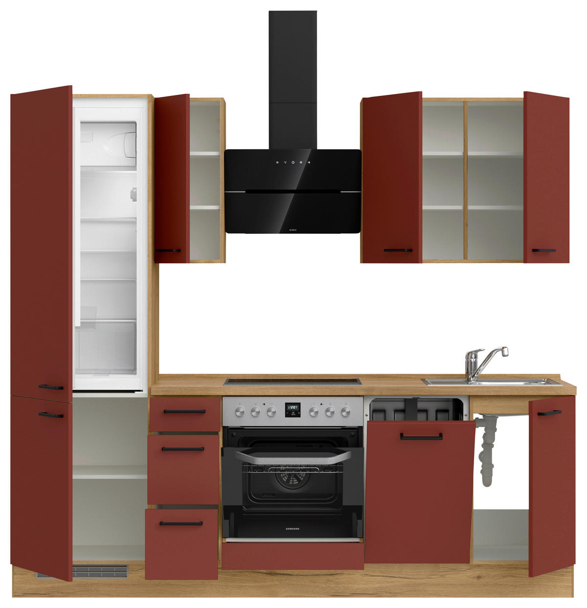 KÜCHENLEERBLOCK 240 cm   in Rot, Eichefarben  - Eichefarben/Rot, MODERN, Holzwerkstoff/Metall (240cm) - Nobilia