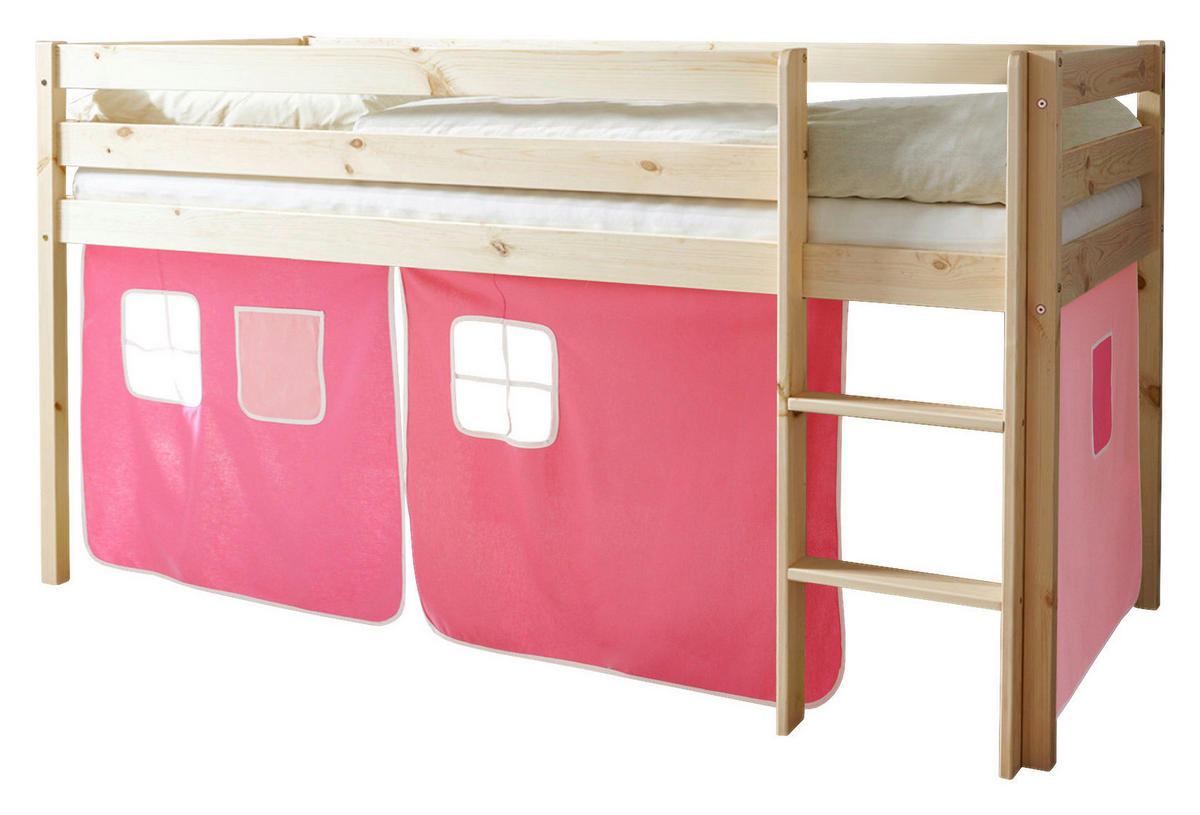 HOCHBETT 90/200 cm,  in Naturfarben, Rosa, Pink, Leiter, Vorhang  - Pink/Naturfarben, Natur, Holz (90/200cm) - MID.YOU
