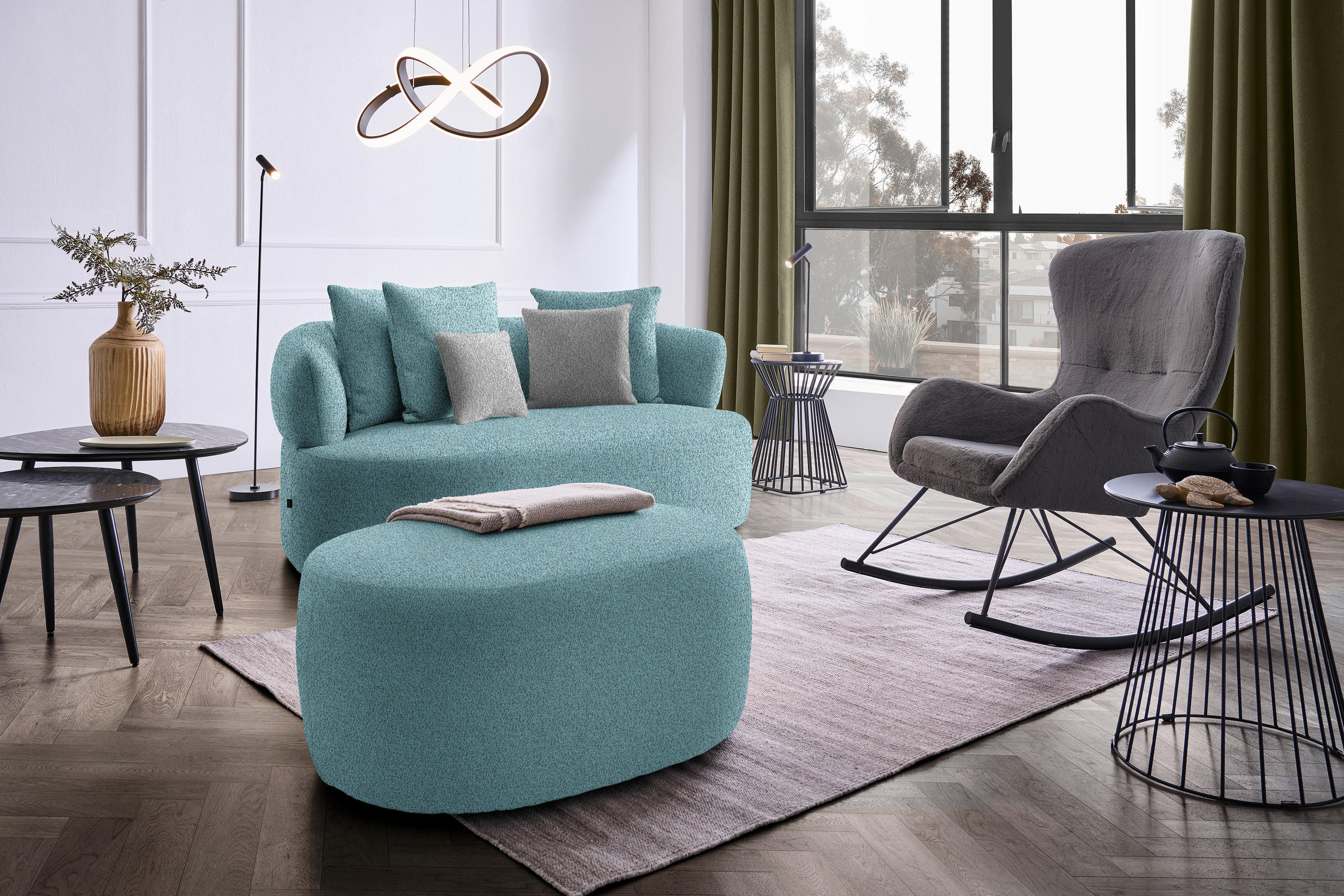 2-SITZER-SOFA in Bouclé Schwarz, Türkis  - Türkis/Taupe, MODERN, Kunststoff/Textil (177/86/105cm) - Hom`in