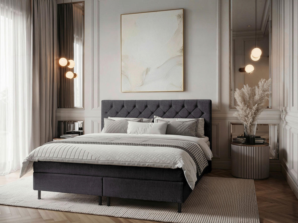 BOXSPRINGBETT 200/200 cm,  in Schwarz, Matratze, Topper, H2 + H2 = mittel  - Schwarz, KONVENTIONELL, Textil/Metall (200/200cm) - Chameo