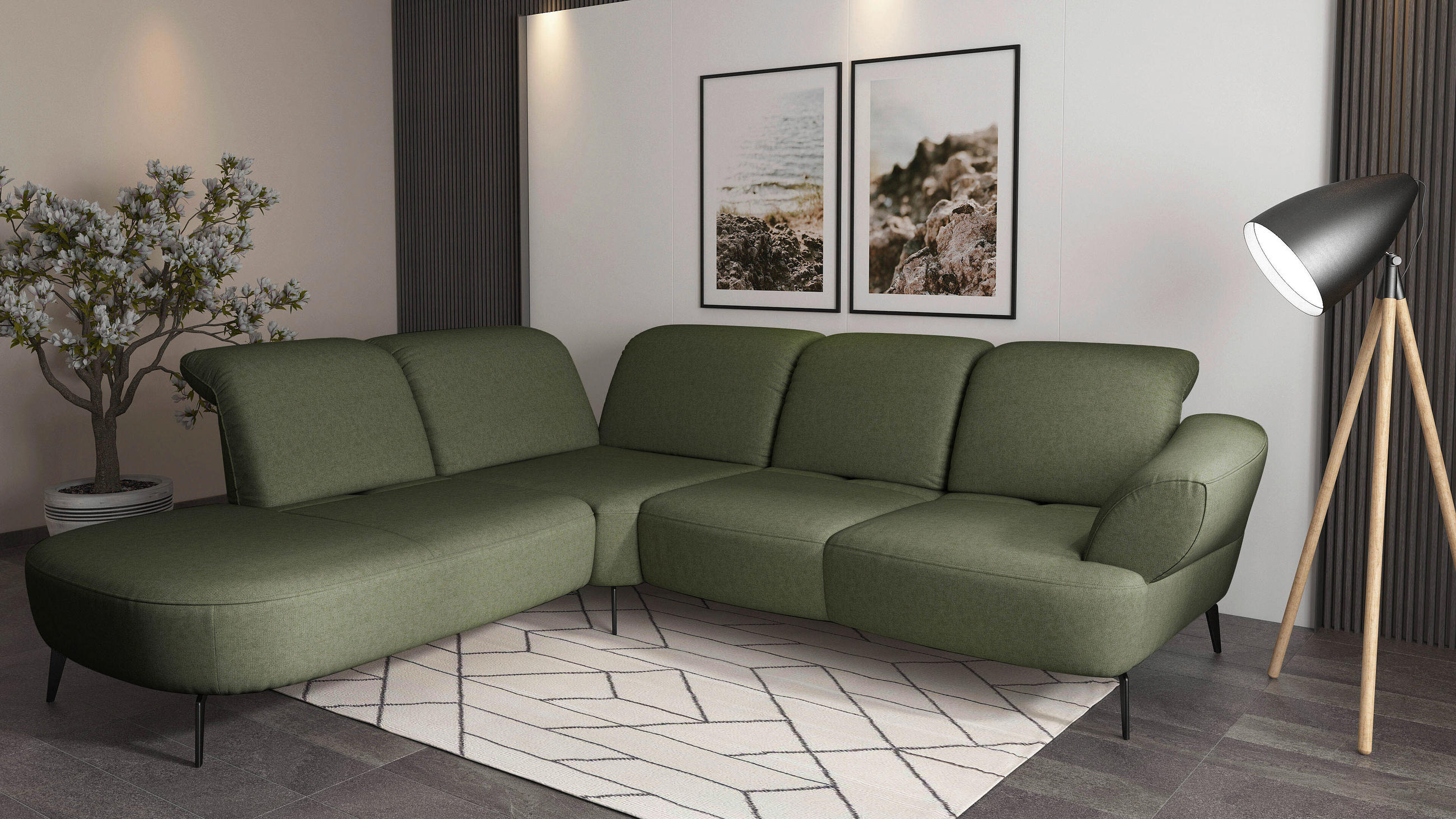 ECKSOFA in Flachgewebe Olivgrün  - Schwarz/Olivgrün, Modern, Textil/Metall (270/302cm) - Sit & More