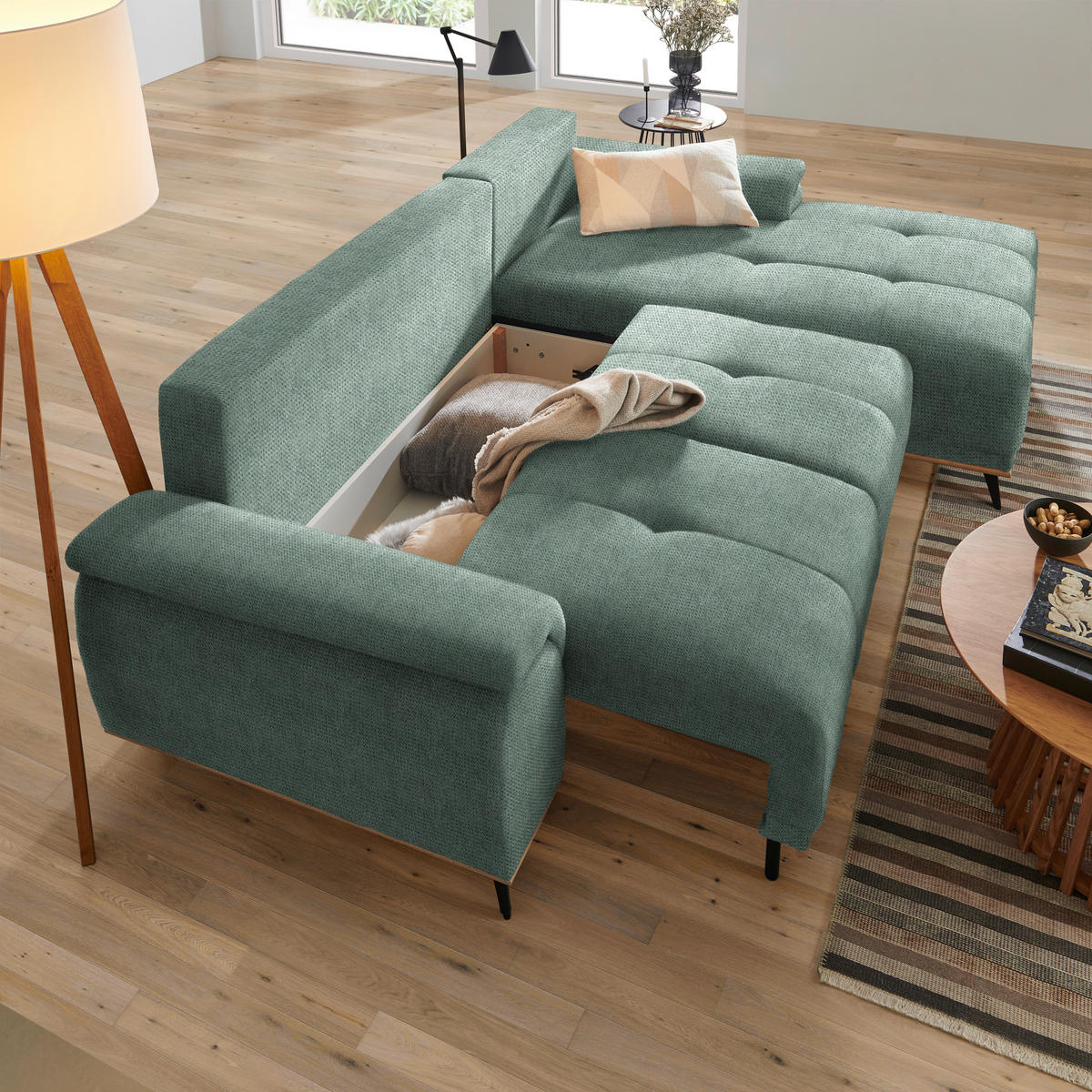 ECKSOFA in Chenille Grün  - Schwarz/Grün, Modern, Textil/Metall (262/168cm) - home24