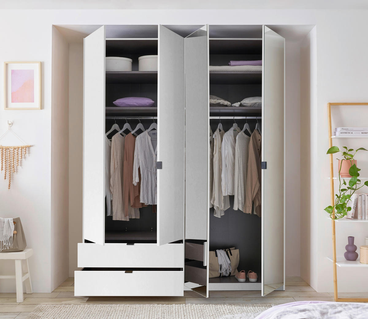 DREHTÜRENSCHRANK 180/225,5/57 cm,  in Weiß, 4-türig  - Schwarz/Weiß, KONVENTIONELL, Glas/Holzwerkstoff (180/225,5/57cm) - Xora