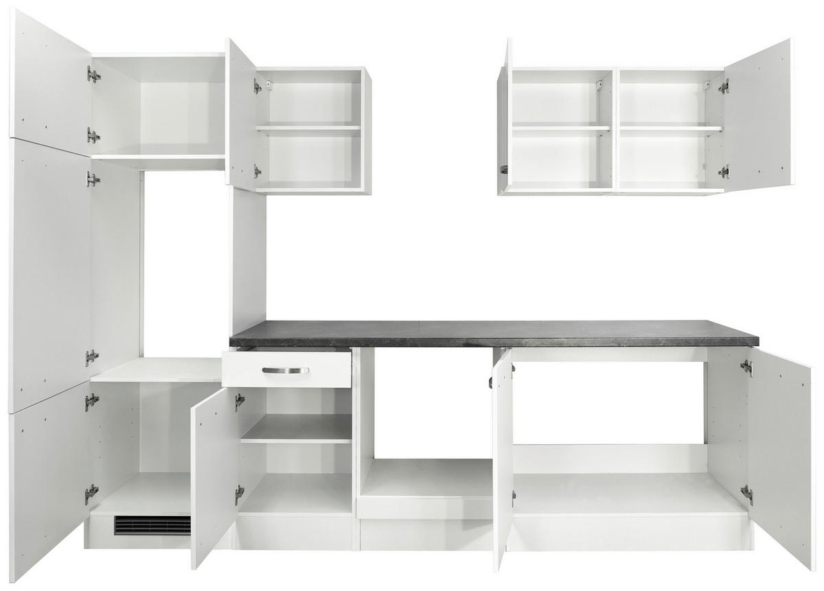 KÜCHENLEERBLOCK 270 cm   in Weiß, Weiß Hochglanz  - Schieferfarben/Edelstahlfarben, MODERN, Holzwerkstoff/Metall (270cm) - FlexWell