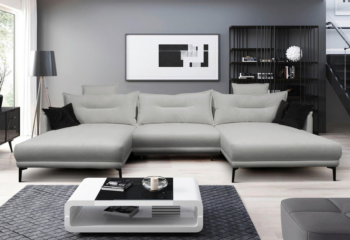 WOHNLANDSCHAFT NUOVO U Hellgrau Cord  - Hellgrau/Schwarz, Design, Textil/Metall (194/360/194cm) - MID.YOU