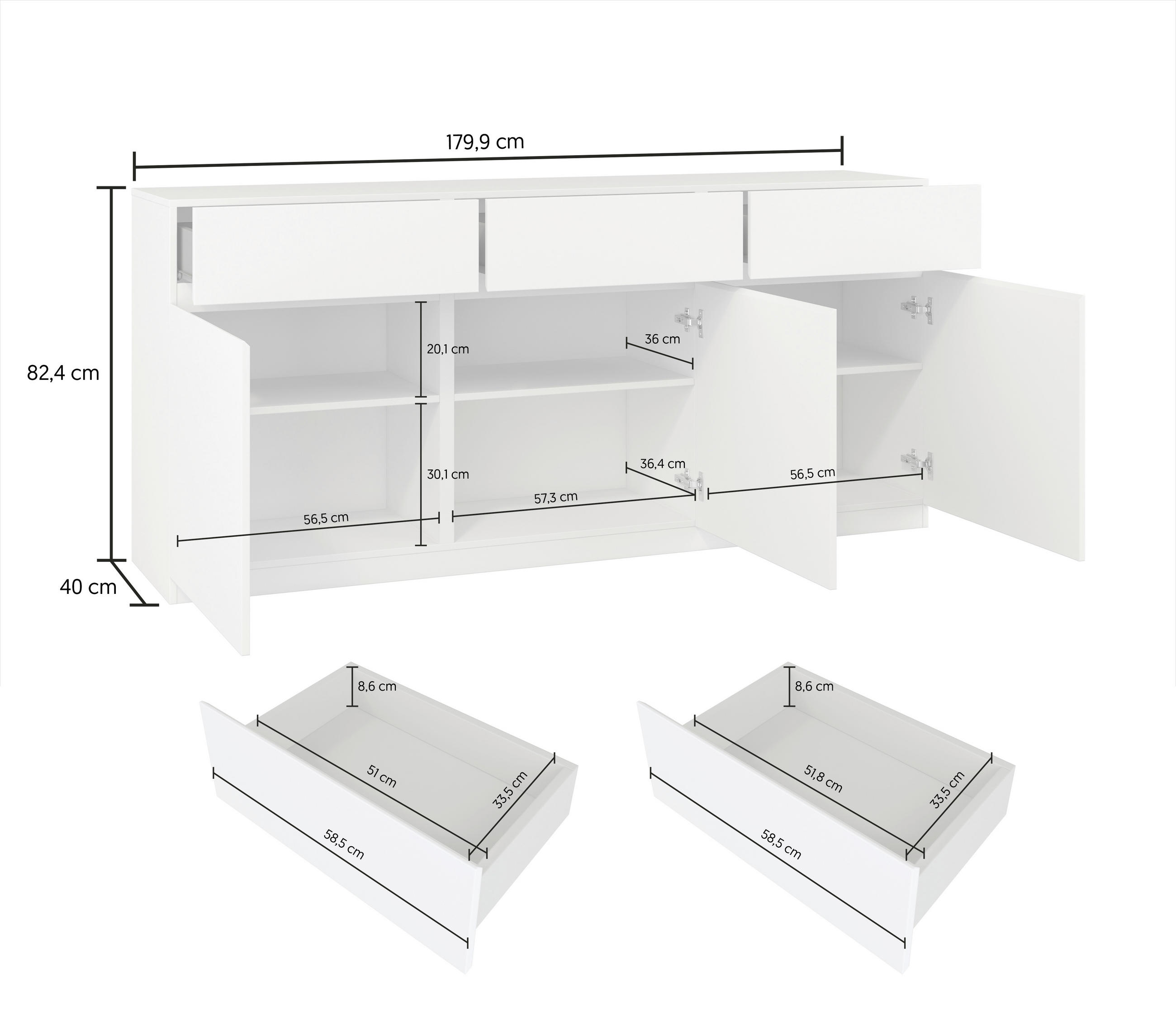 SIDEBOARD Bern  in 180/82,5/40 cm  - Weiß, Design, Holzwerkstoff (180/82,5/40cm) - MID.YOU